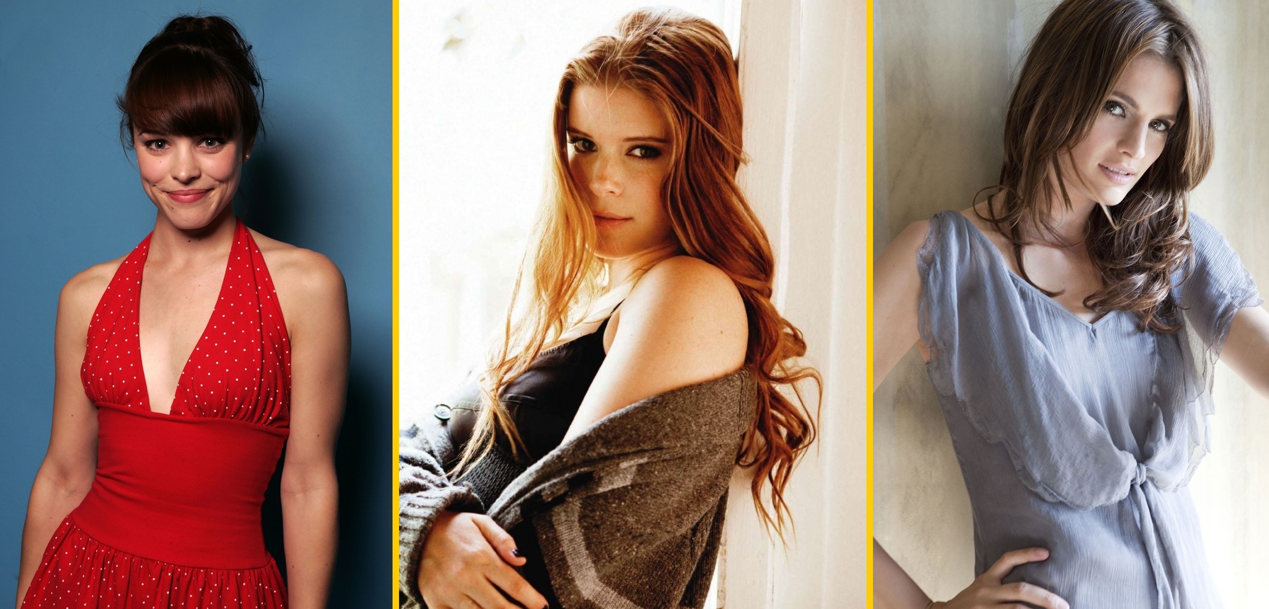 Rachel McAdams, Kate Mara, and Stana Katic collage HD Wallpaper