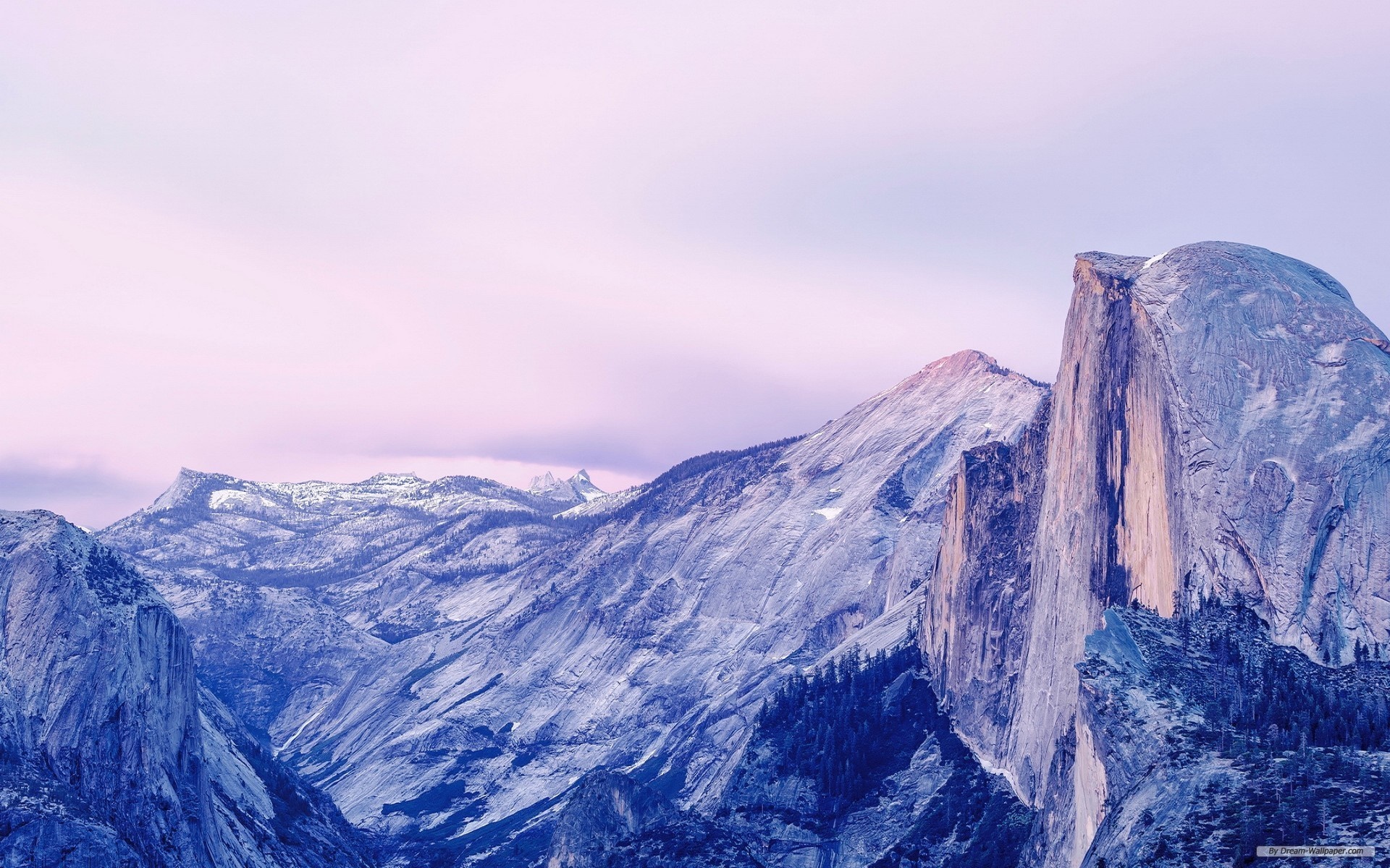 Snow-capped mountains under a pink sky HD Wallpaper