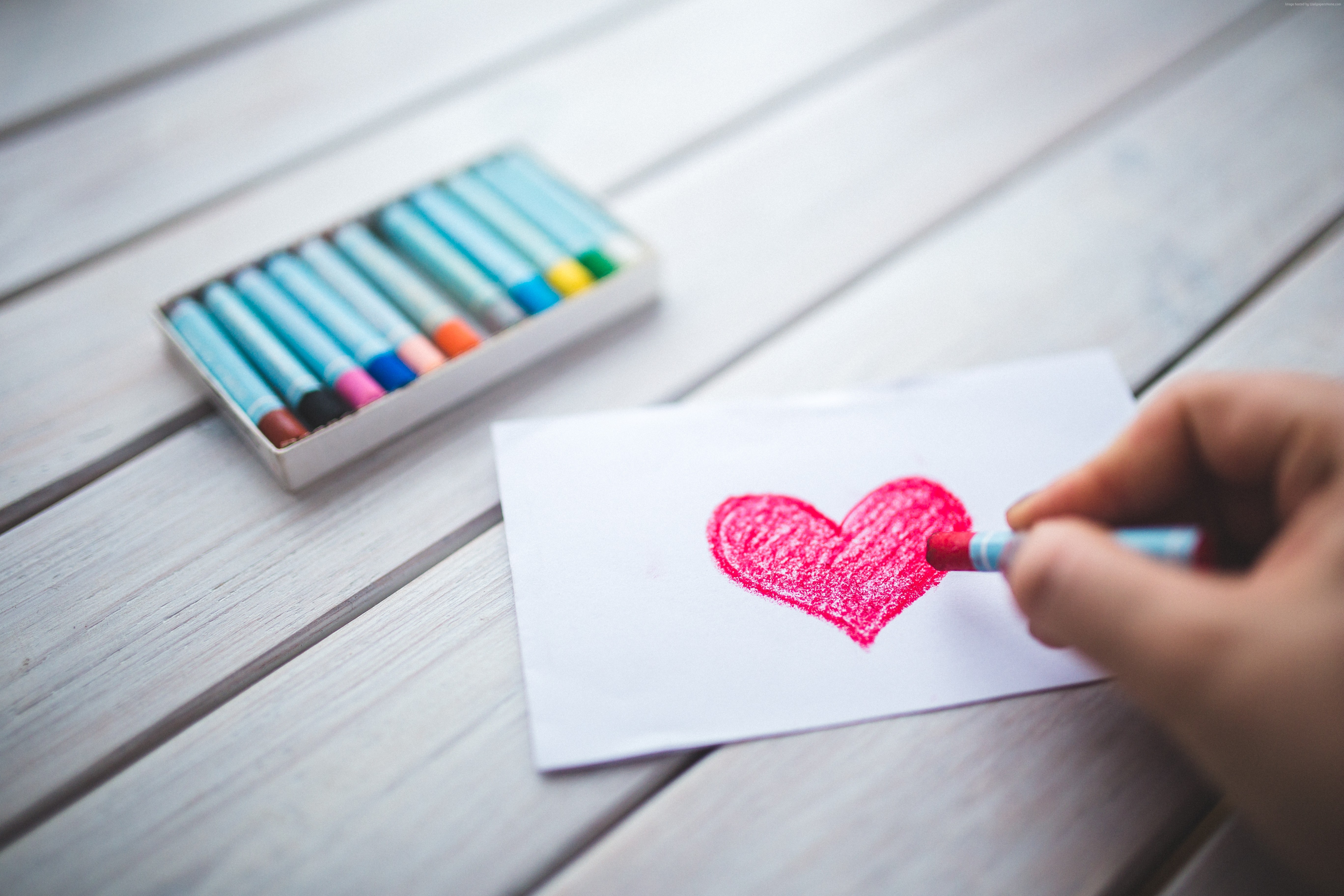 Drawing a red heart with crayons HD Wallpaper