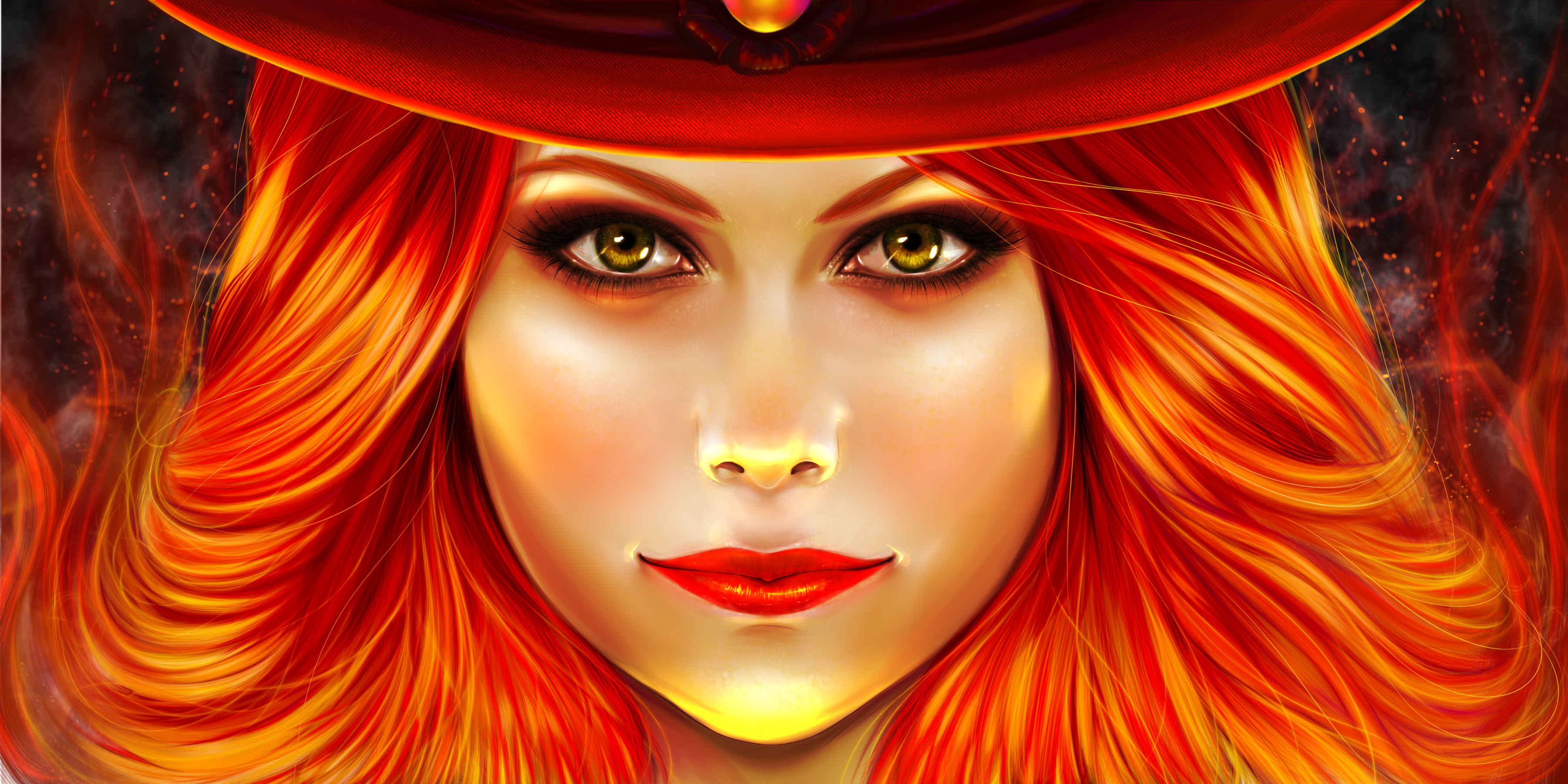 Woman with fiery red hair and a red hat HD Wallpaper