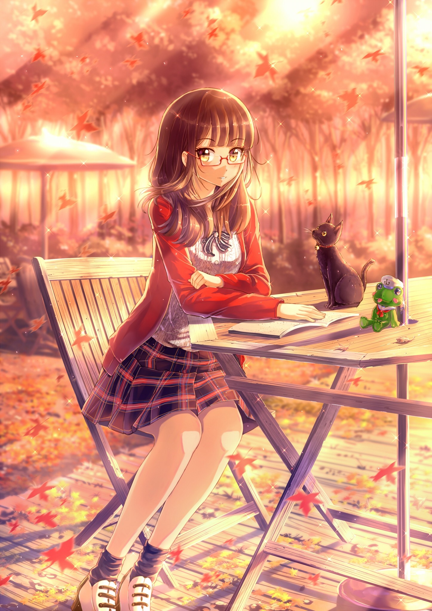 Anime girl with glasses and cat at a table HD Wallpaper