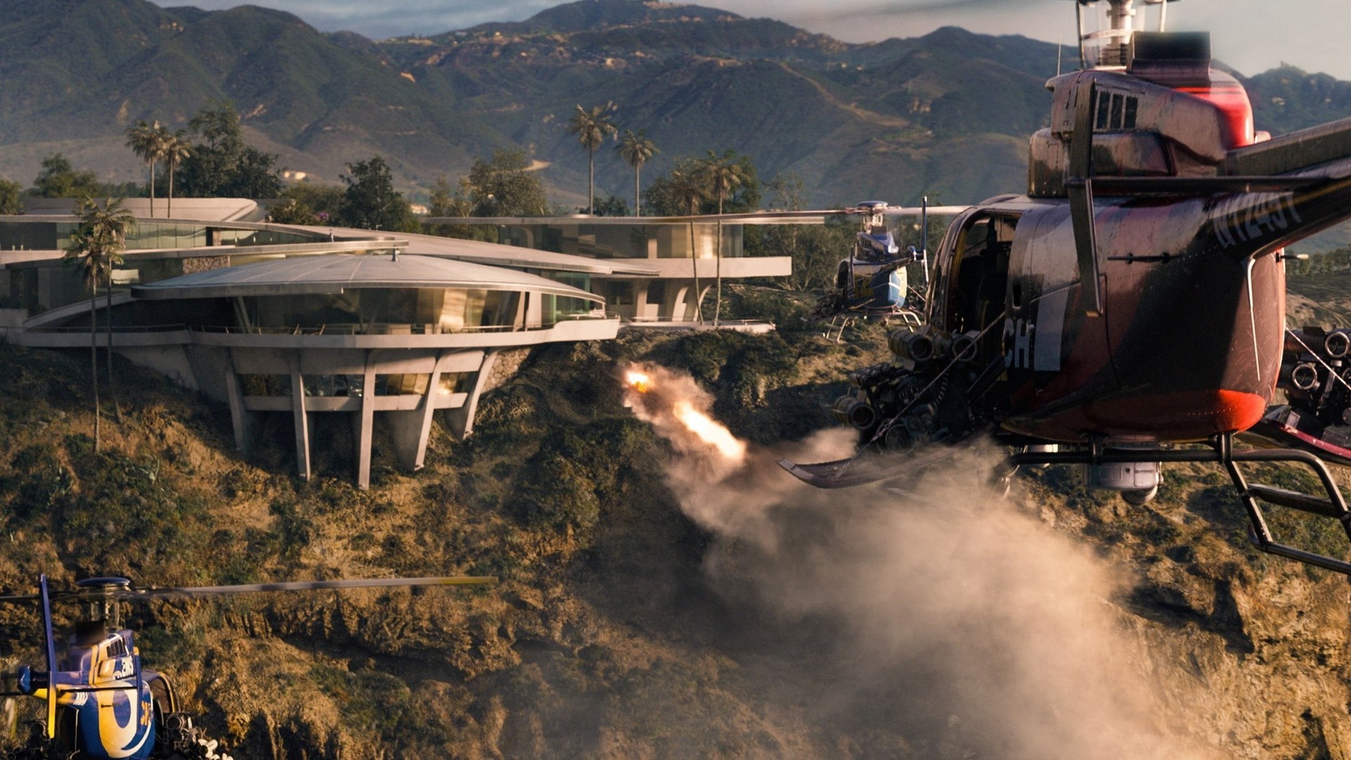 Helicopters attacking a modern house HD Wallpaper
