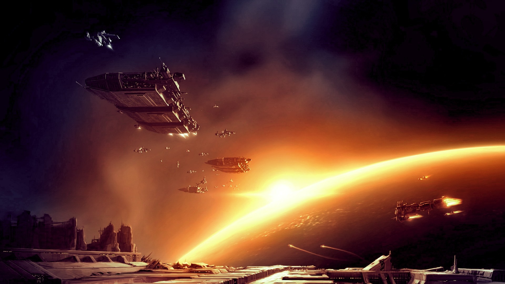 Spaceships in orbit above a planet with a bright light source HD Wallpaper