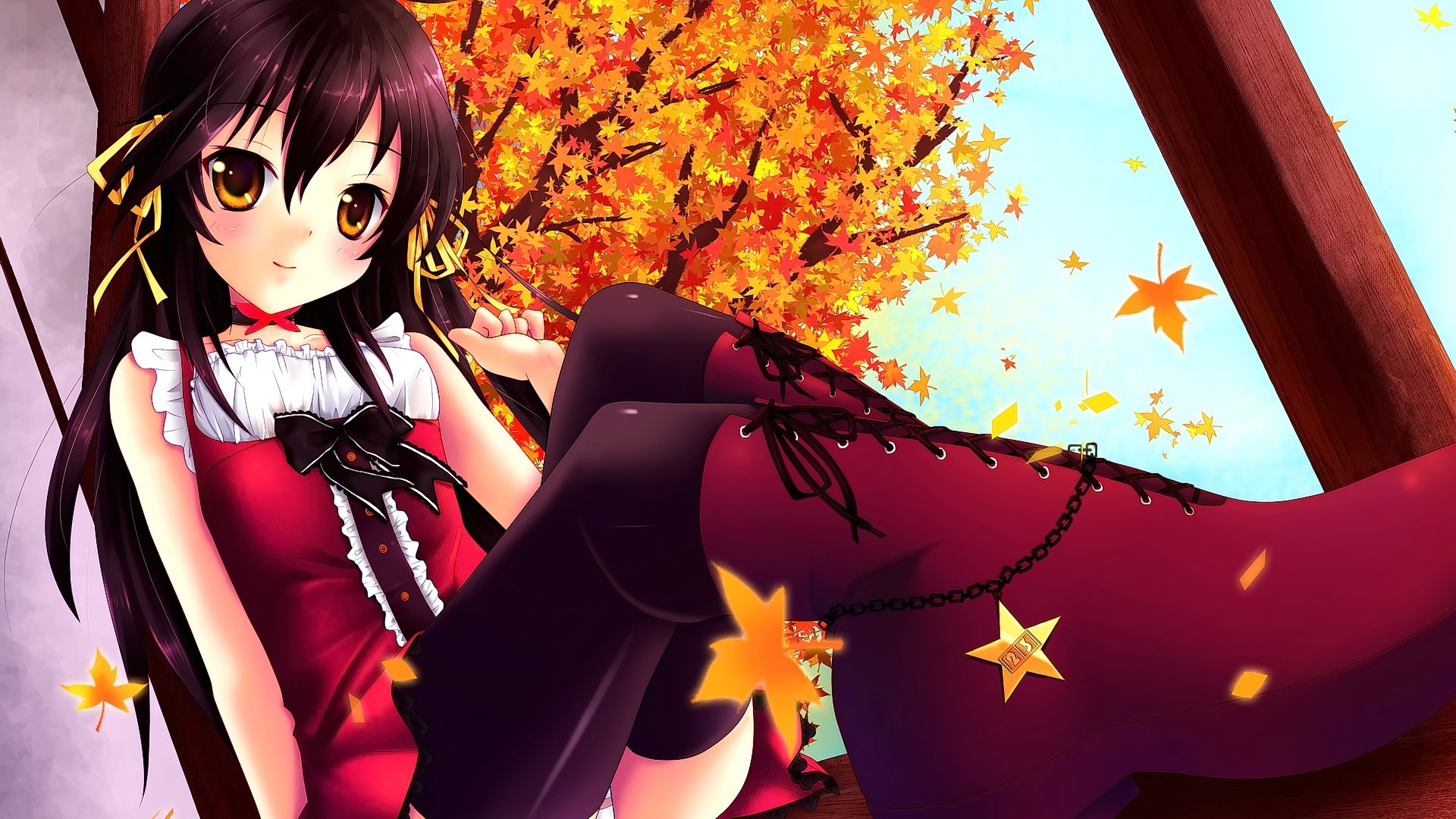Anime girl with yellow eyes and dark hair in red dress HD Wallpaper