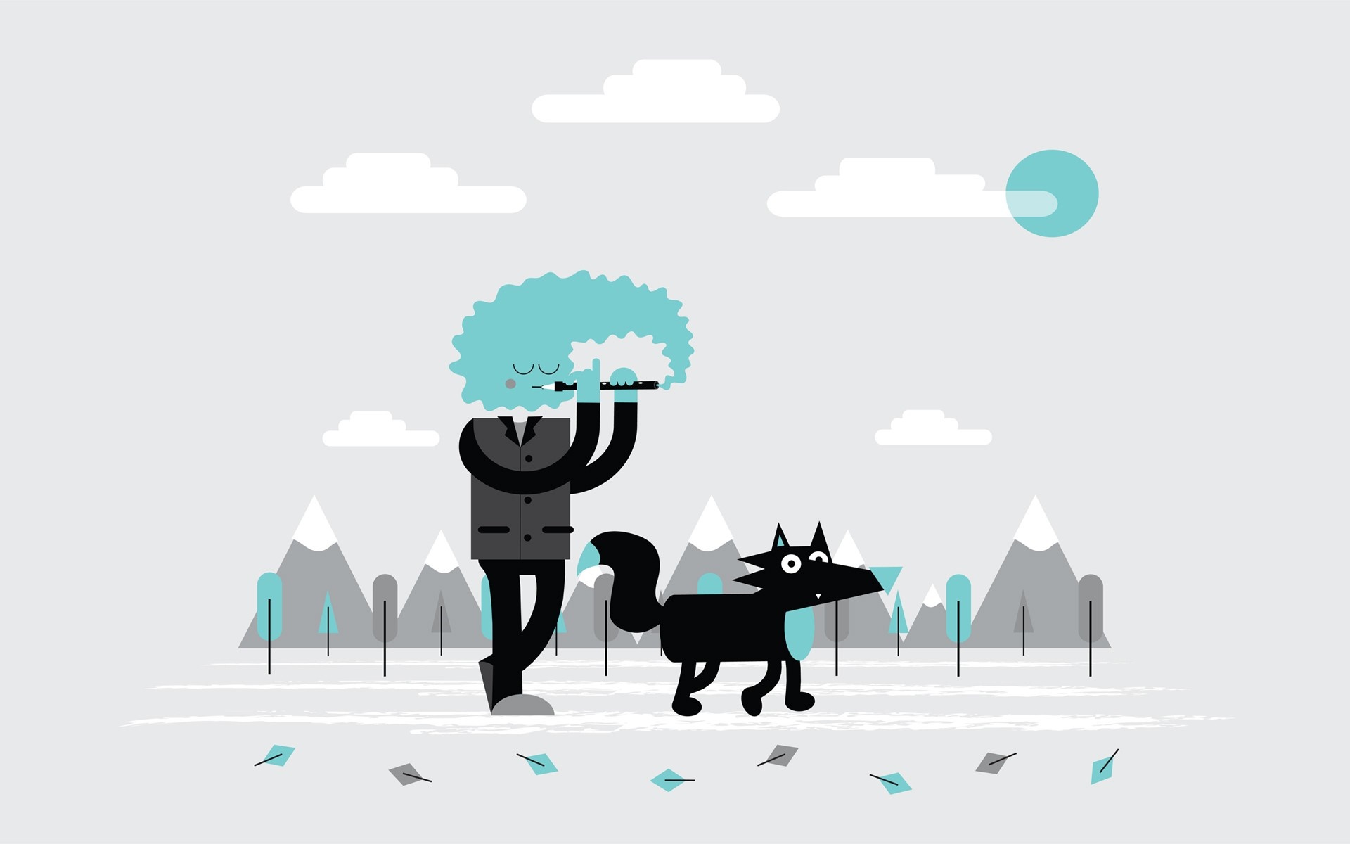 Man with afro and dog looking through telescope HD Wallpaper