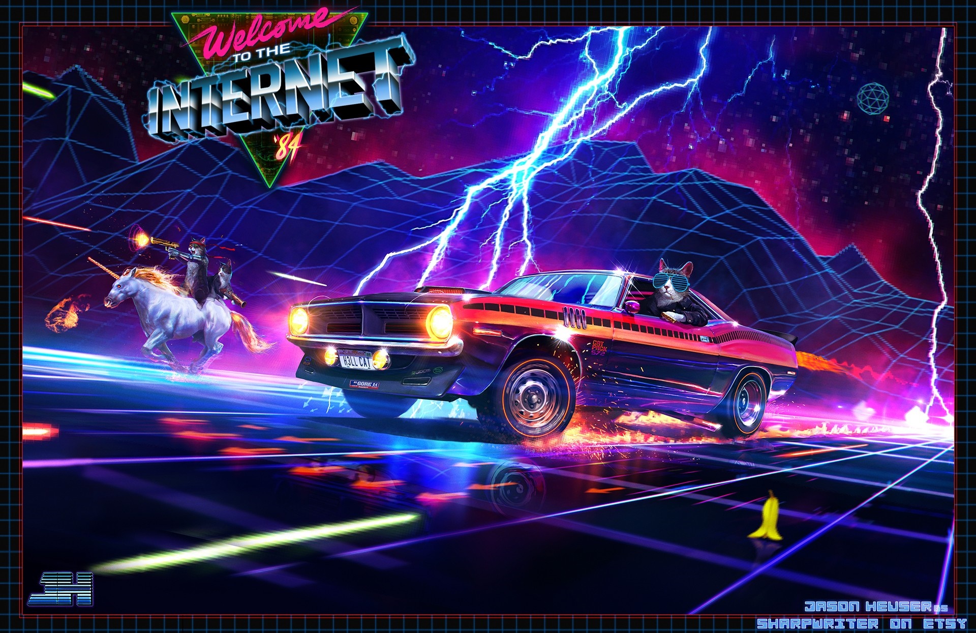 Welcome to the Internet '84: Cat in a Car and Unicorn HD Wallpaper