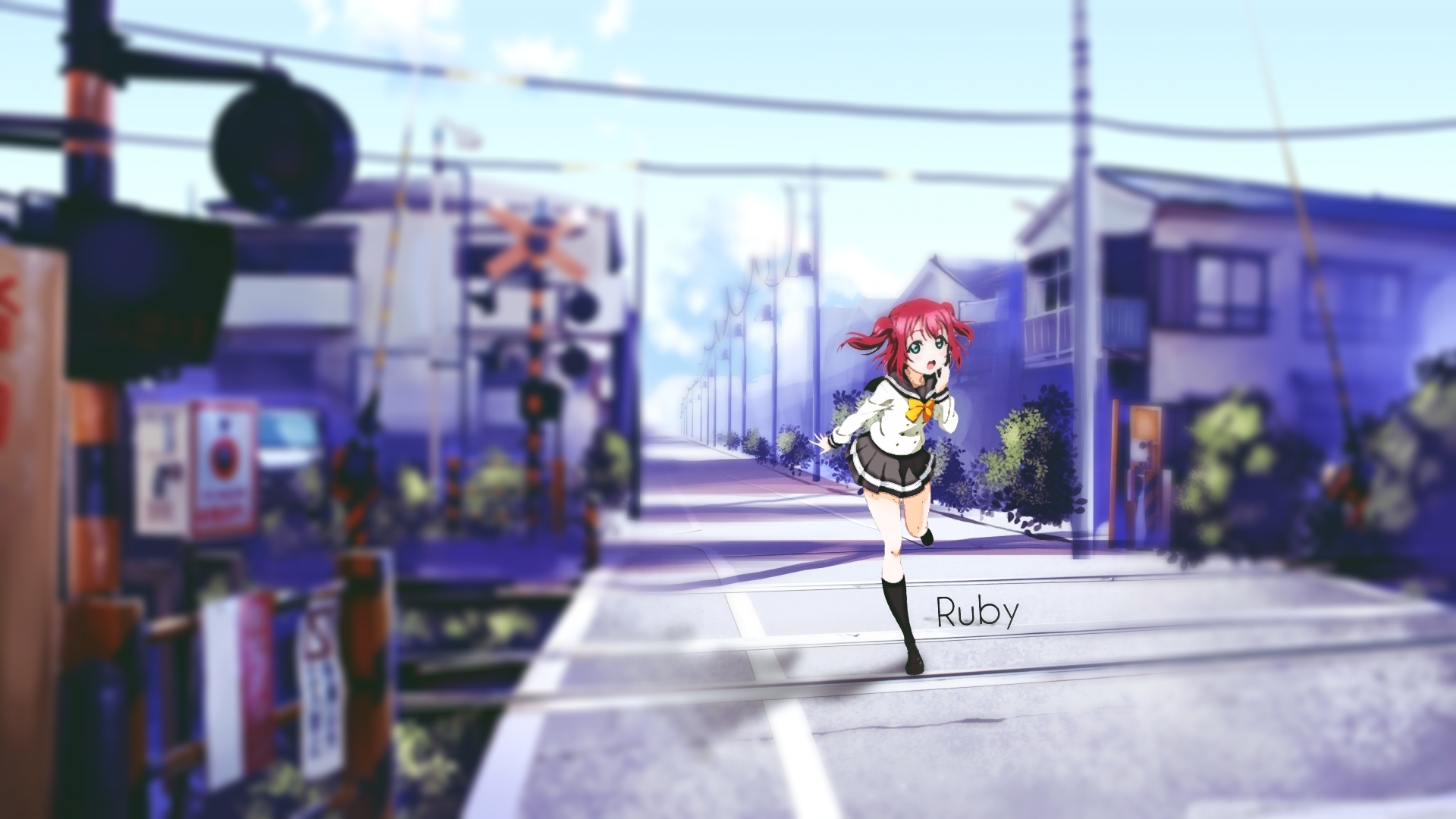 Ruby from Love Live running at a railroad crossing HD Wallpaper