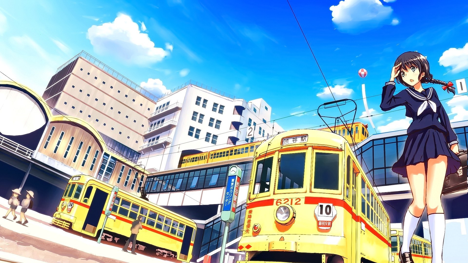 Anime girl in school uniform at a train station HD Wallpaper