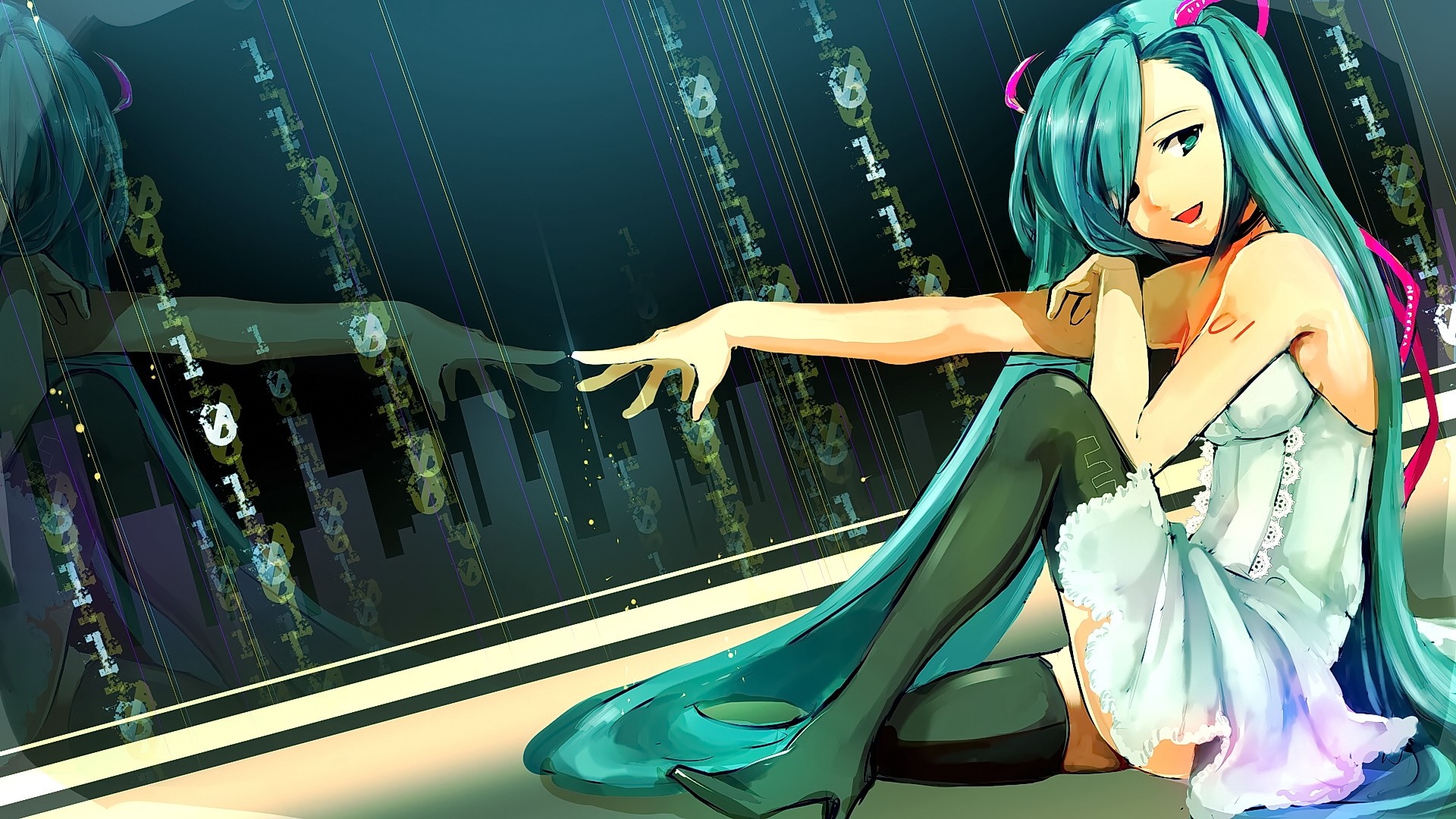 Hatsune Miku sitting with binary code background HD Wallpaper