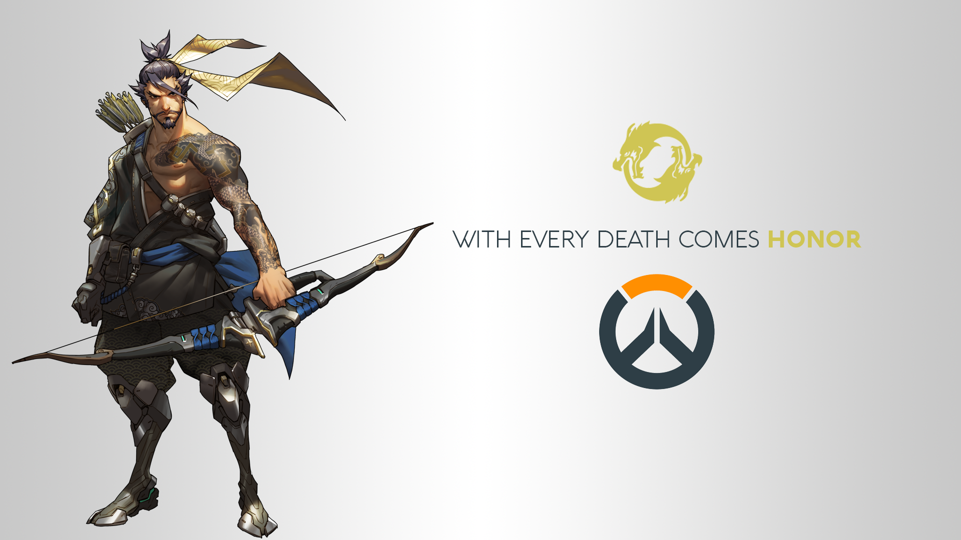 Hanzo from Overwatch with logos and quote HD Wallpaper