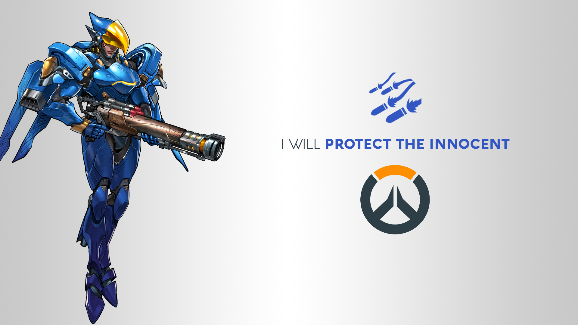 Pharah from Overwatch with quote and logos HD Wallpaper
