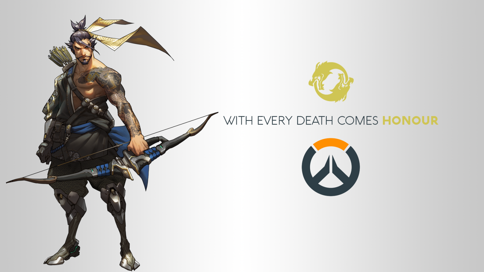 Hanzo from Overwatch with quote and logos HD Wallpaper
