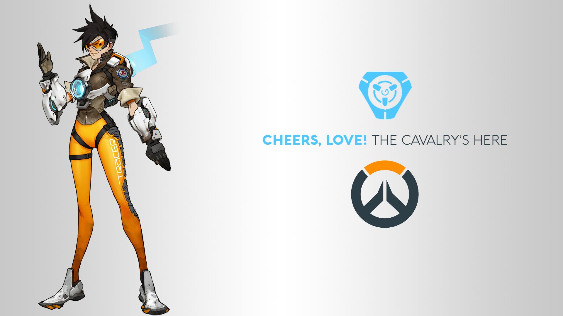 Tracer from Overwatch with logos and text HD Wallpaper