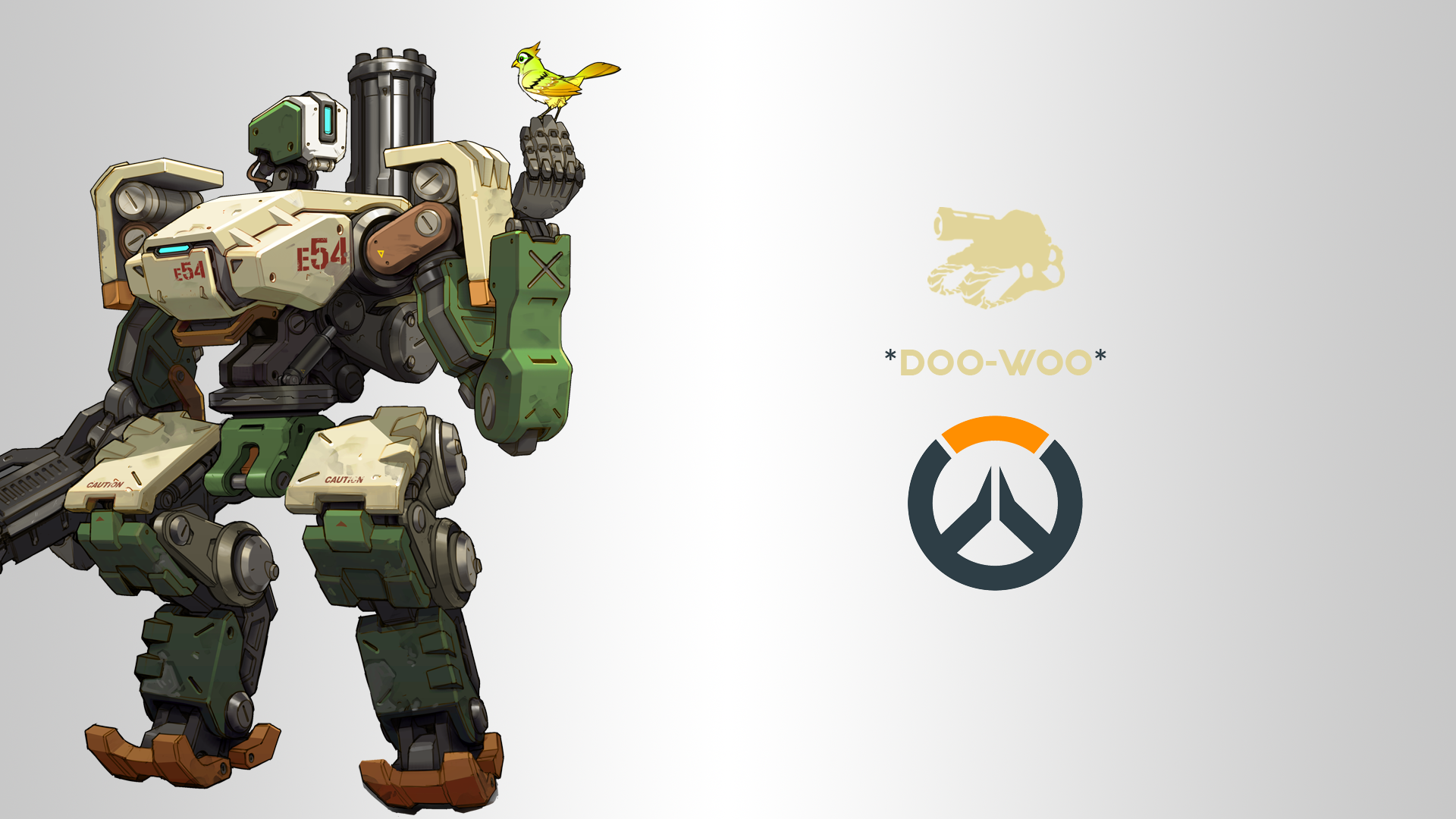 Bastion from Overwatch with a bird and logos HD Wallpaper