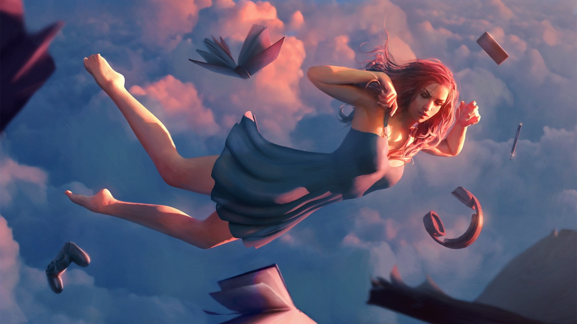 Fantasy art of a woman falling through clouds with books HD Wallpaper