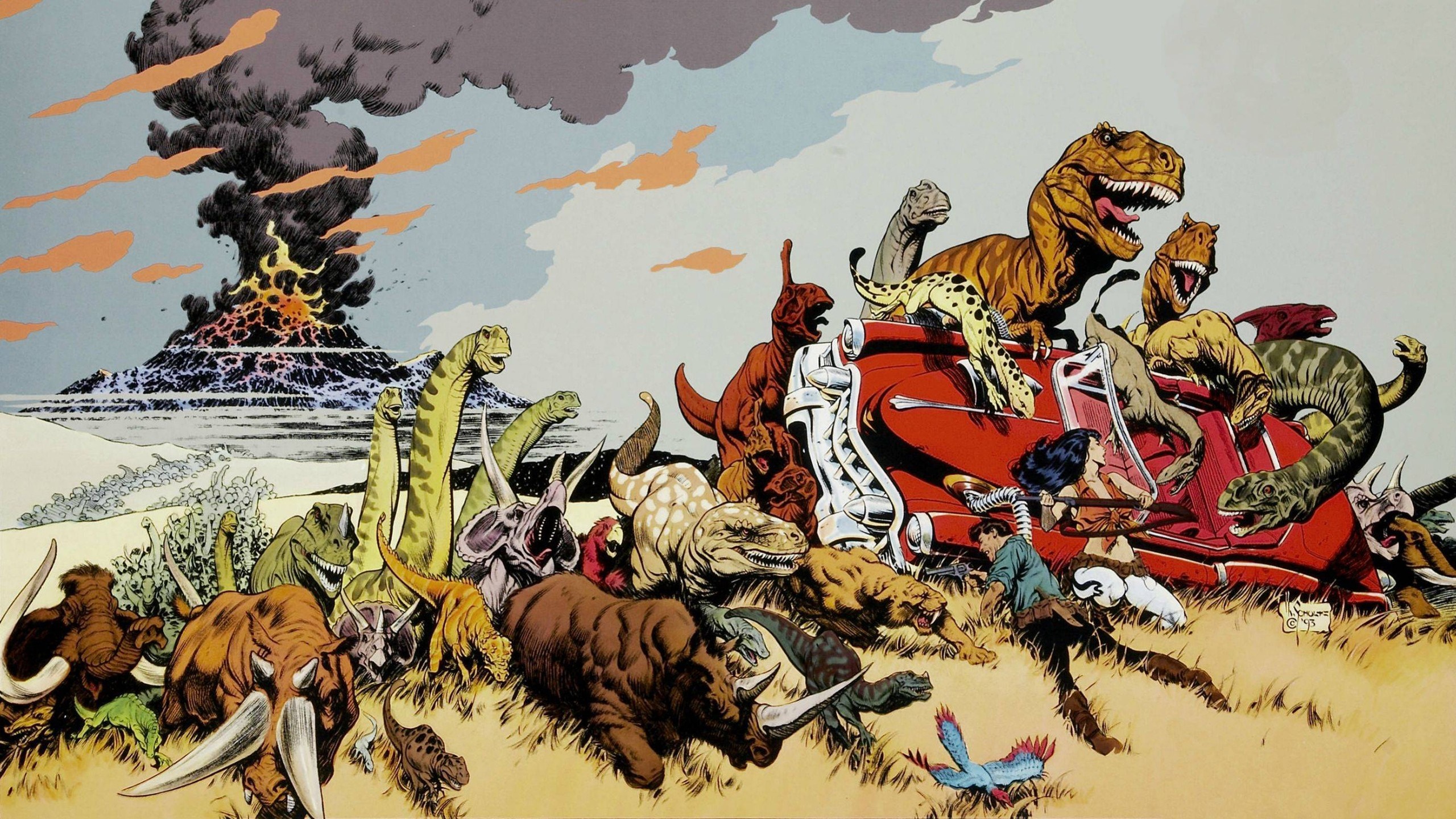 Cadillacs and Dinosaurs comic art with characters and dinosaurs HD Wallpaper