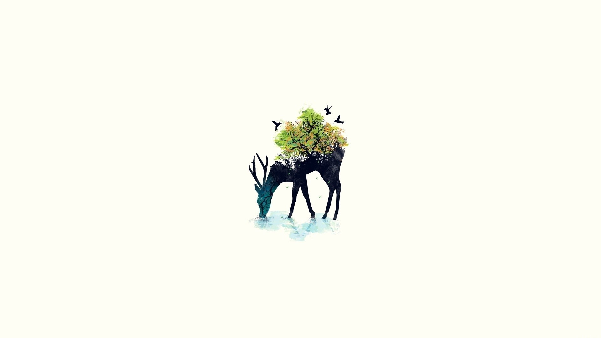 Deer with tree on back and birds flying HD Wallpaper