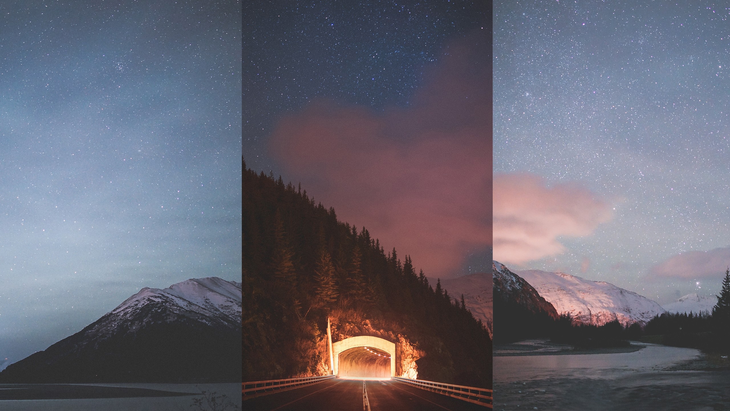 Tunnel entrance on a mountain road under a starry night sky HD Wallpaper