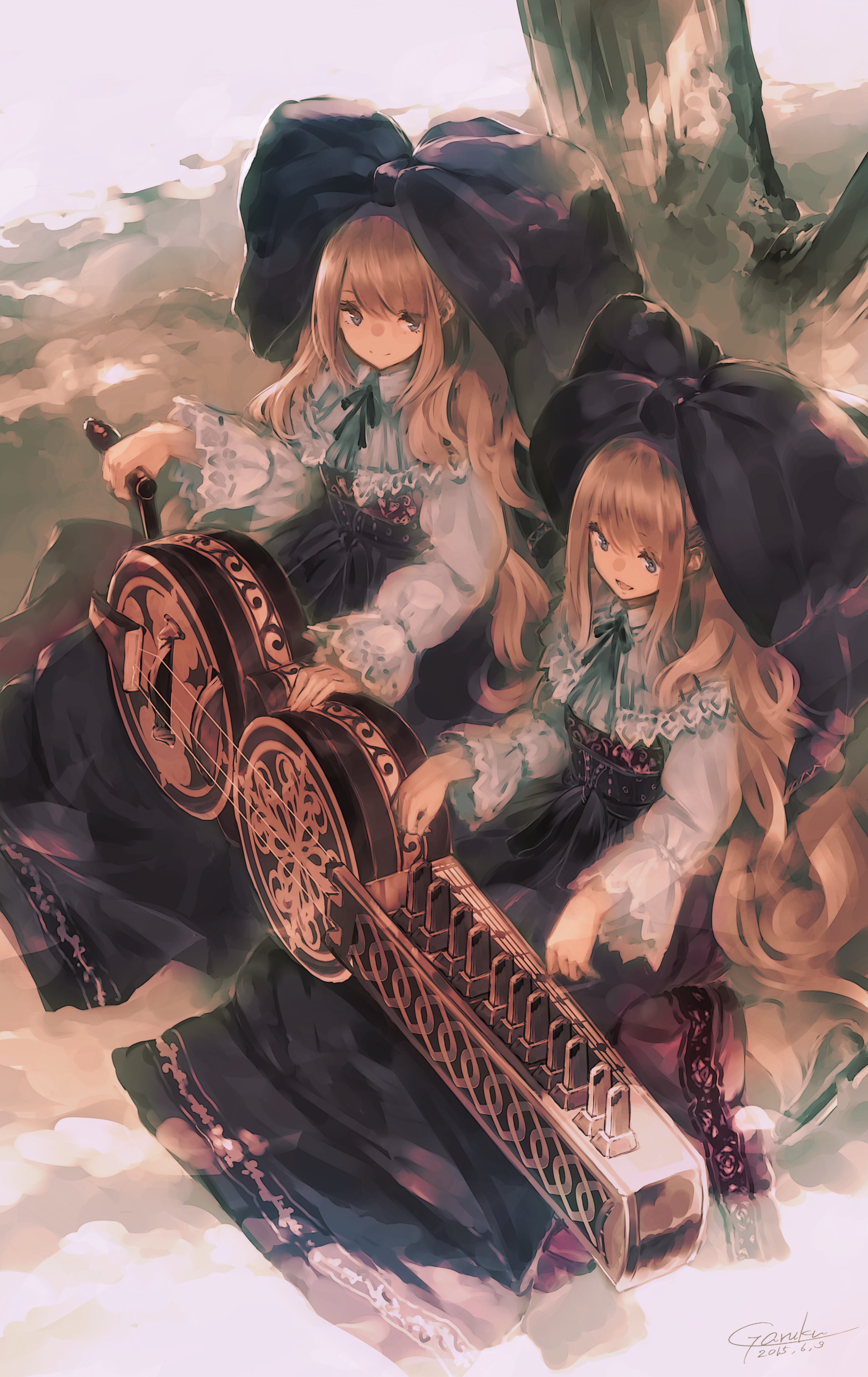 Two anime girls playing a stringed instrument HD Wallpaper