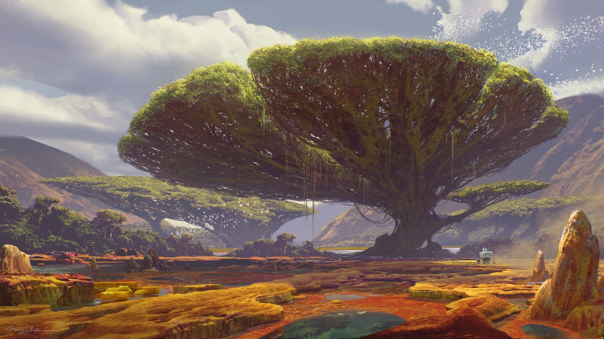 Alien landscape with giant trees and mountains HD Wallpaper