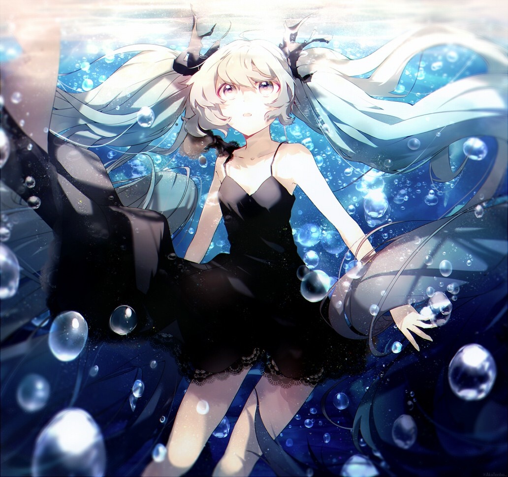 Hatsune Miku from Vocaloid underwater in a black dress HD Wallpaper