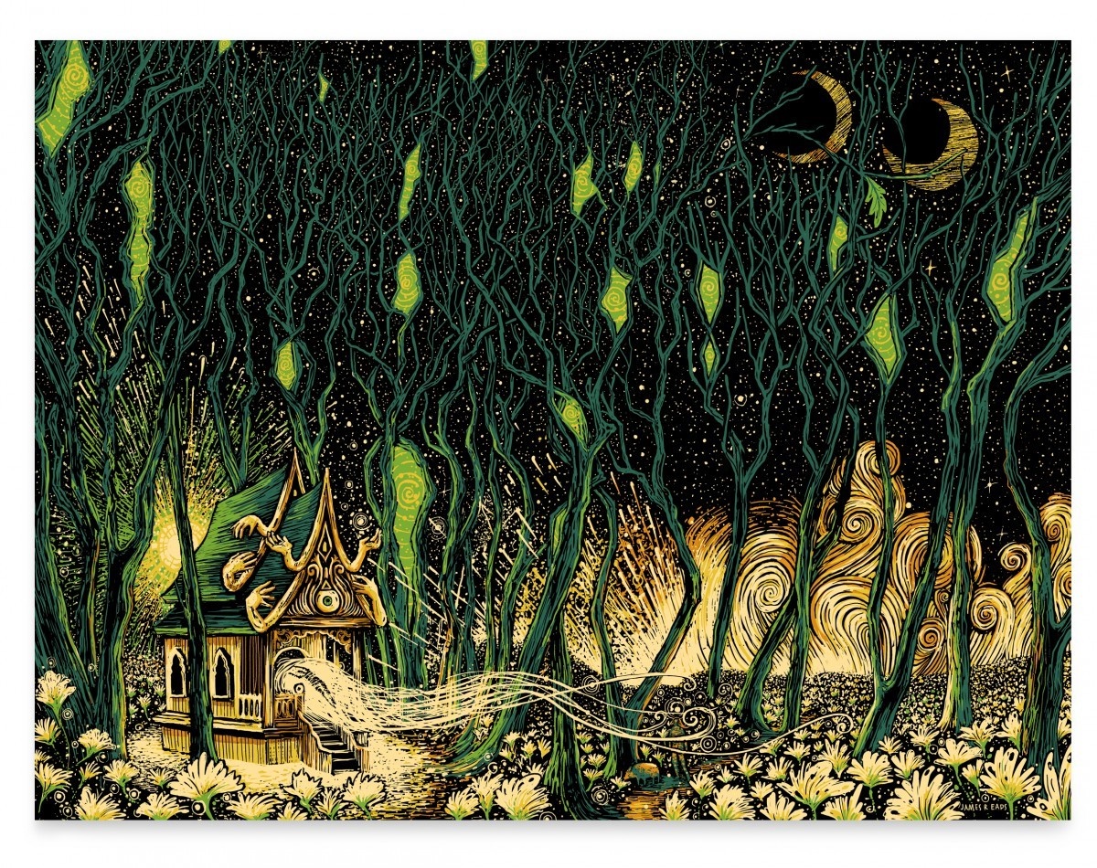 Illustration of a haunted forest with a cabin and flowing hair HD Wallpaper