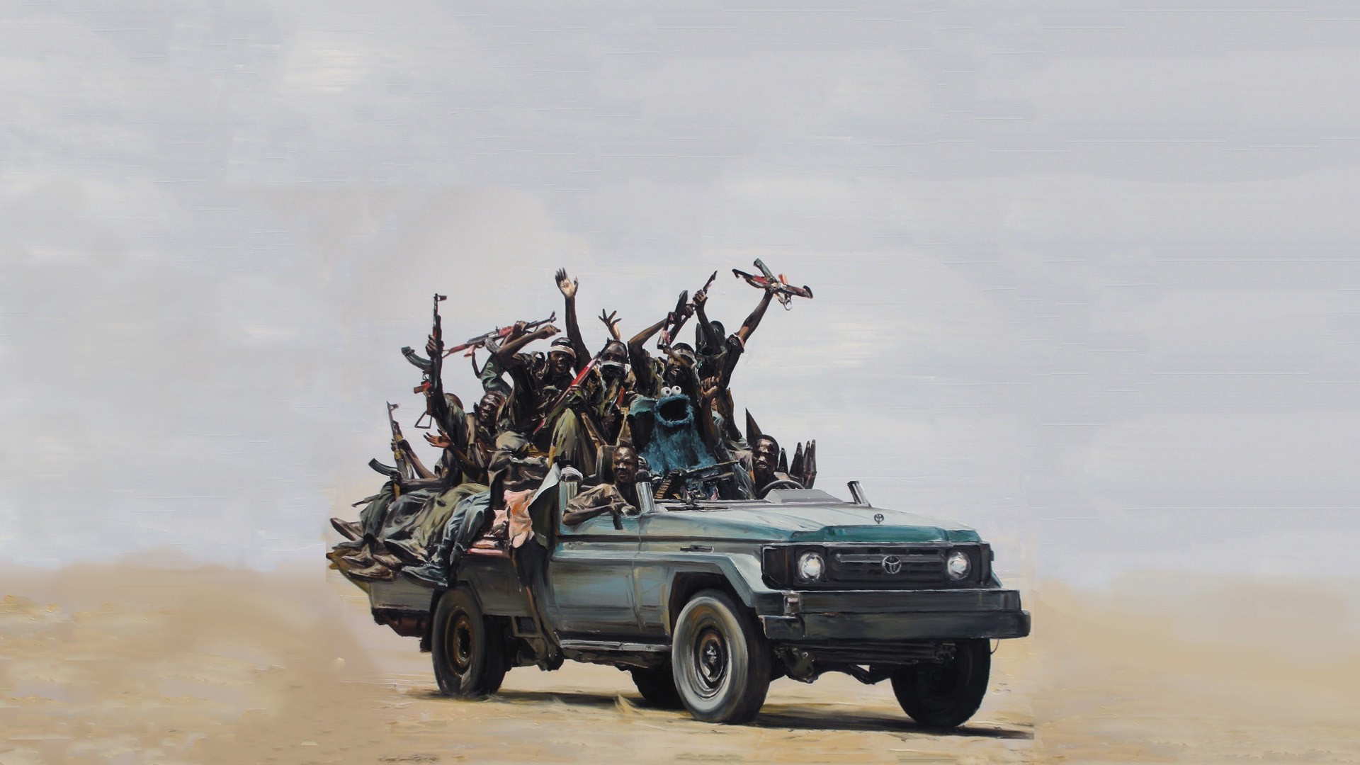 Cookie Monster and armed figures in a military vehicle HD Wallpaper