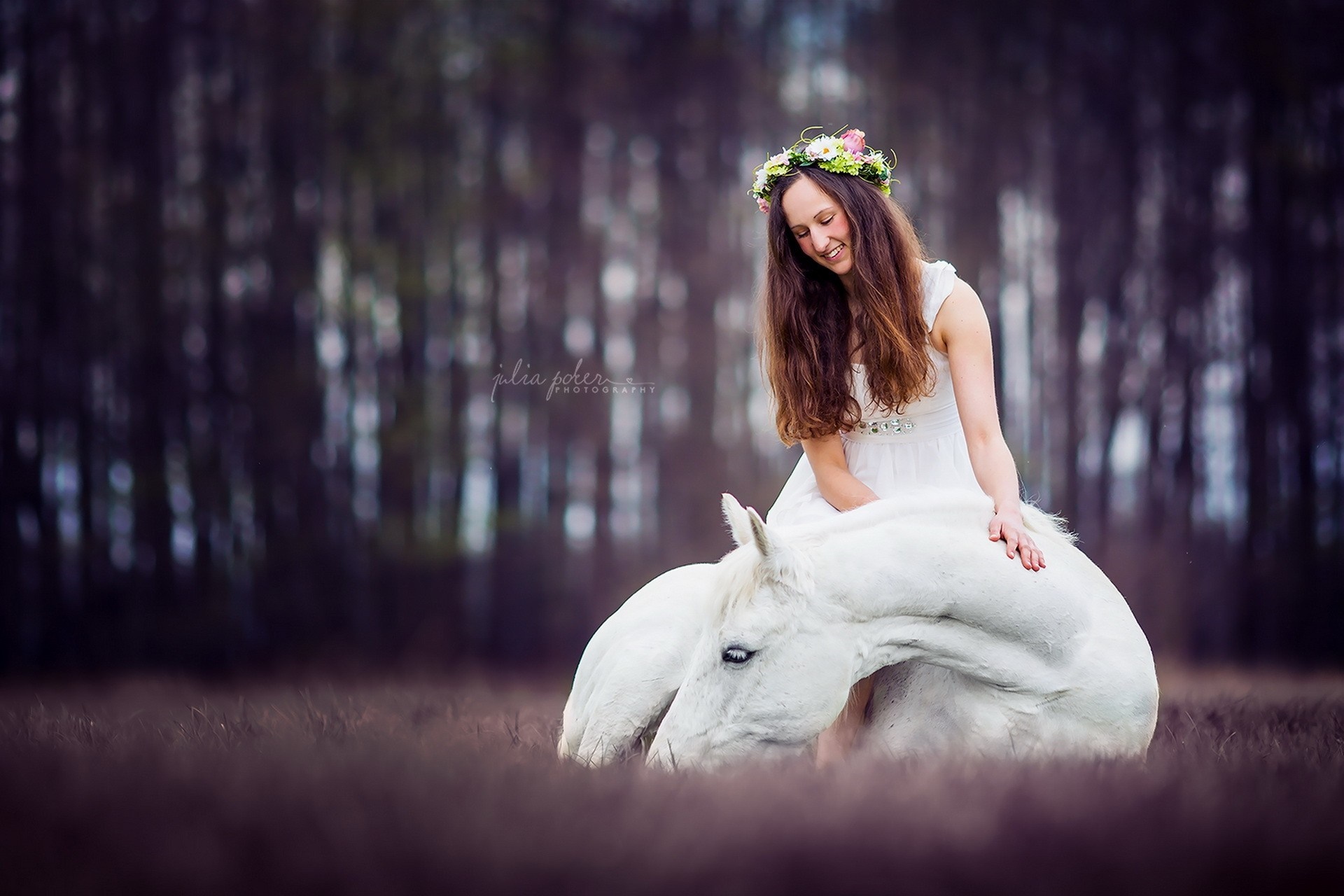 Woman with flower crown on white horse HD Wallpaper