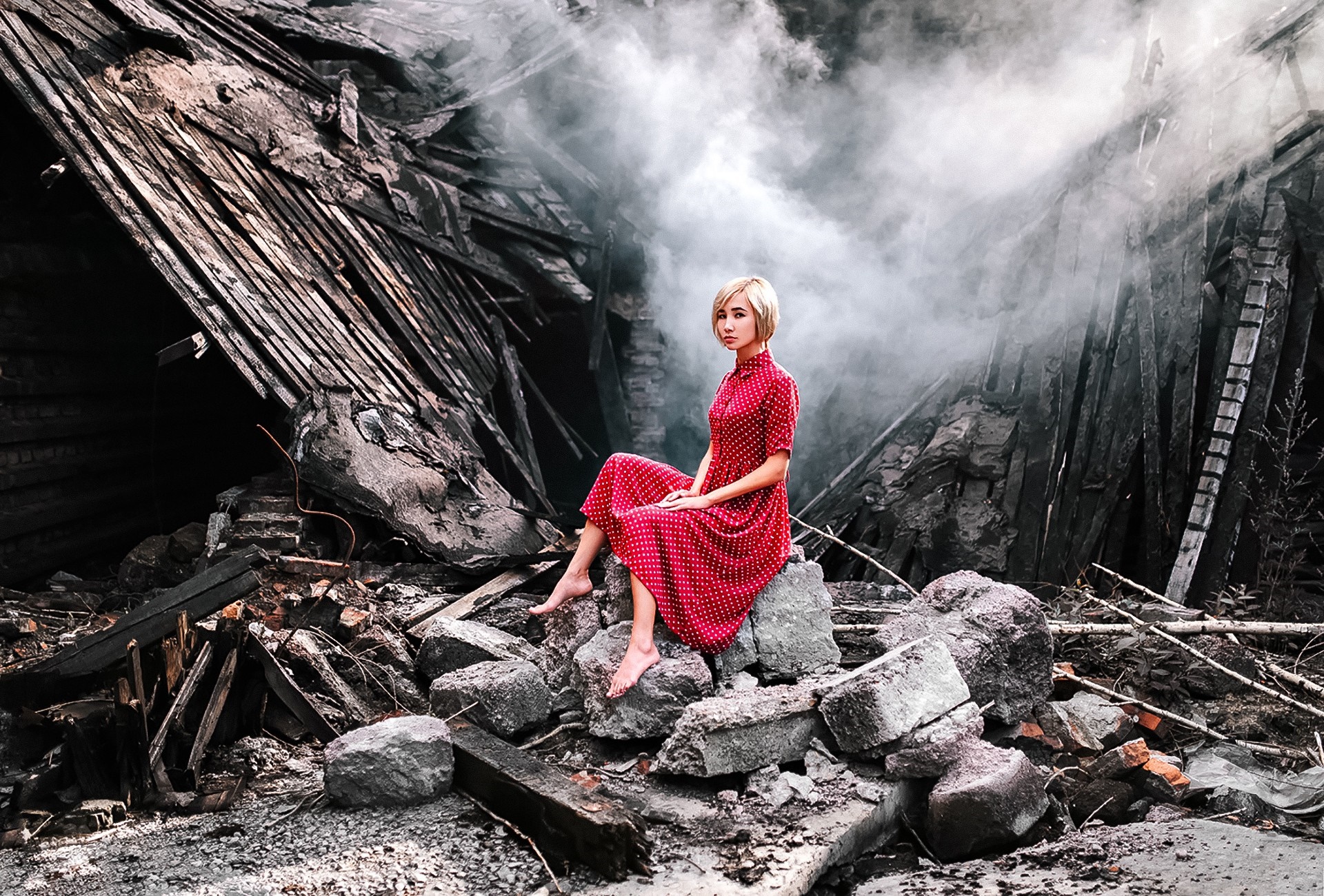 Woman in red dress sitting in ruins HD Wallpaper