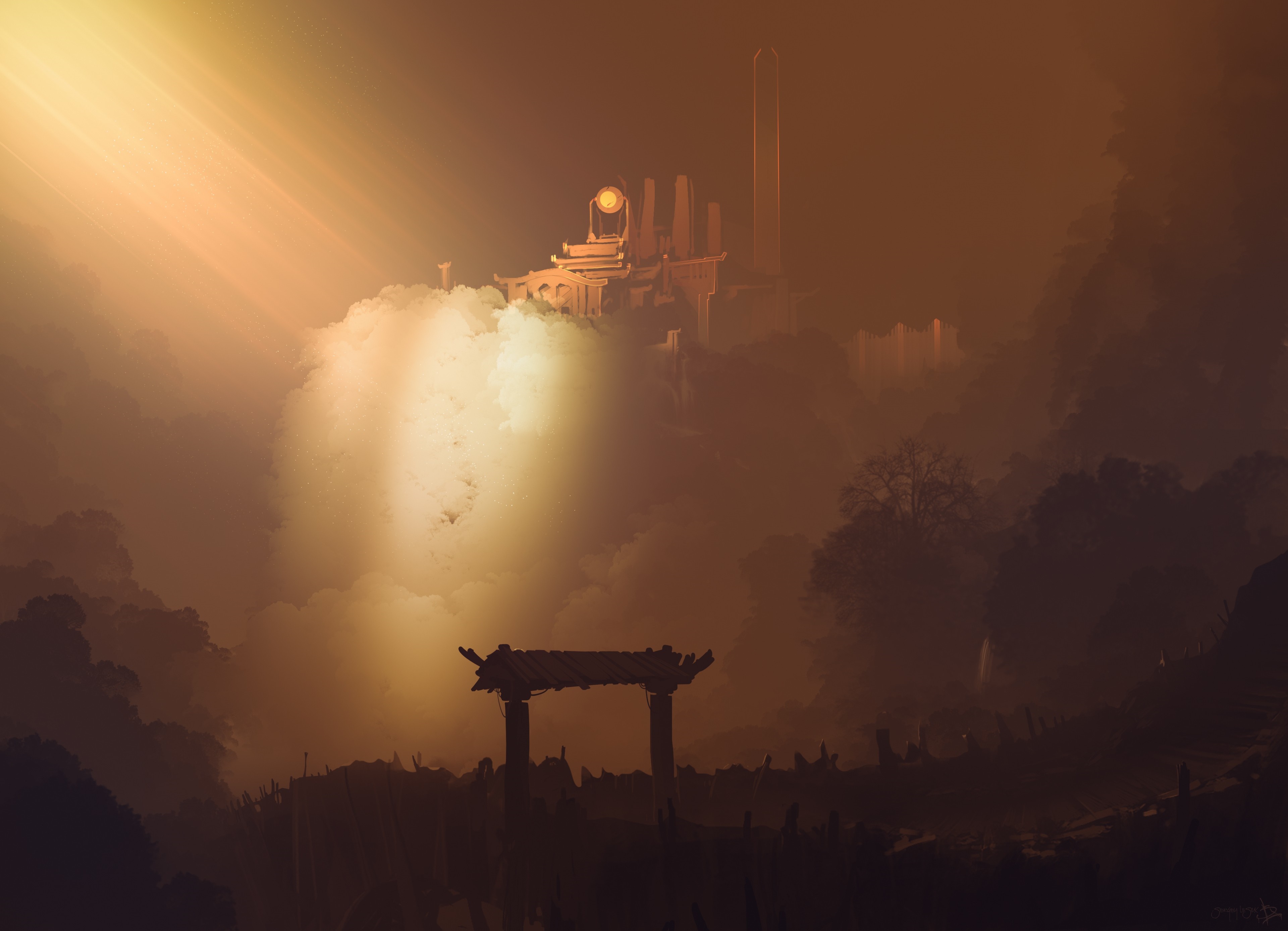 Ancient temple on a cloud with sunbeams HD Wallpaper