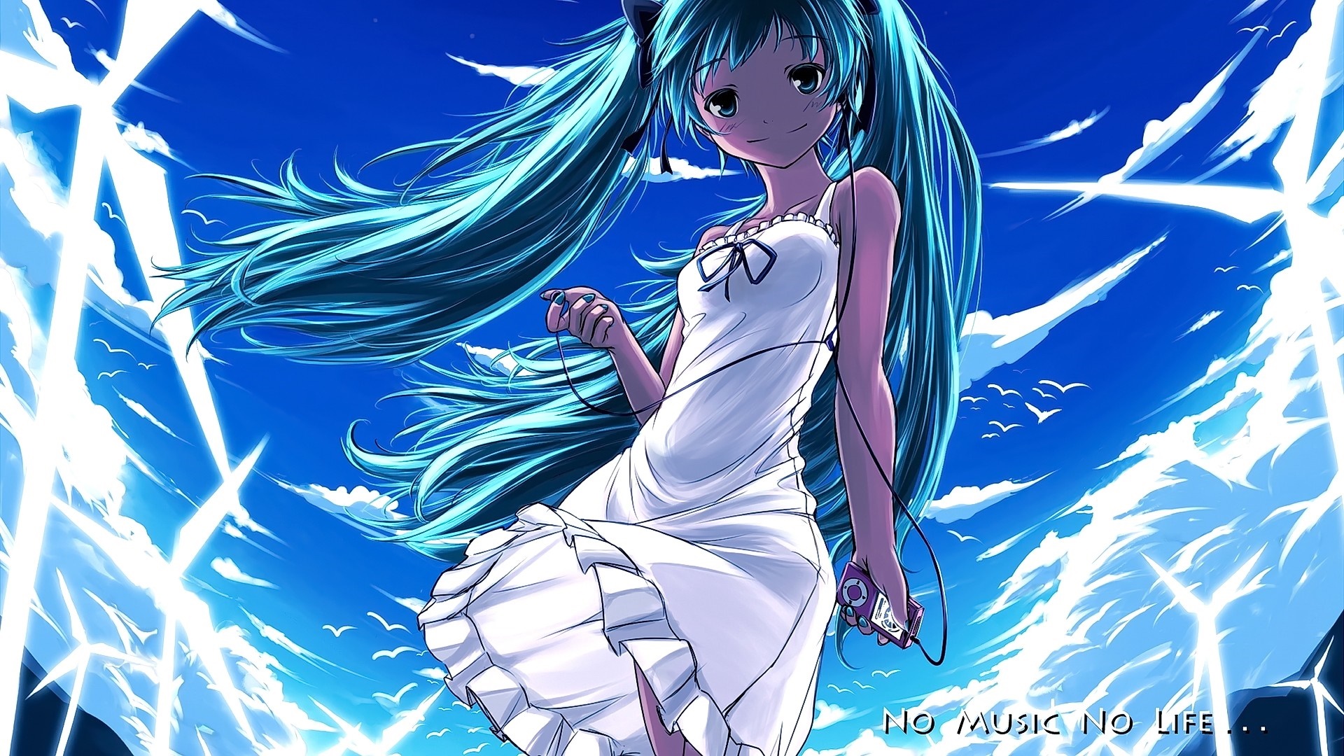 Anime girl with aqua hair listening to music HD Wallpaper