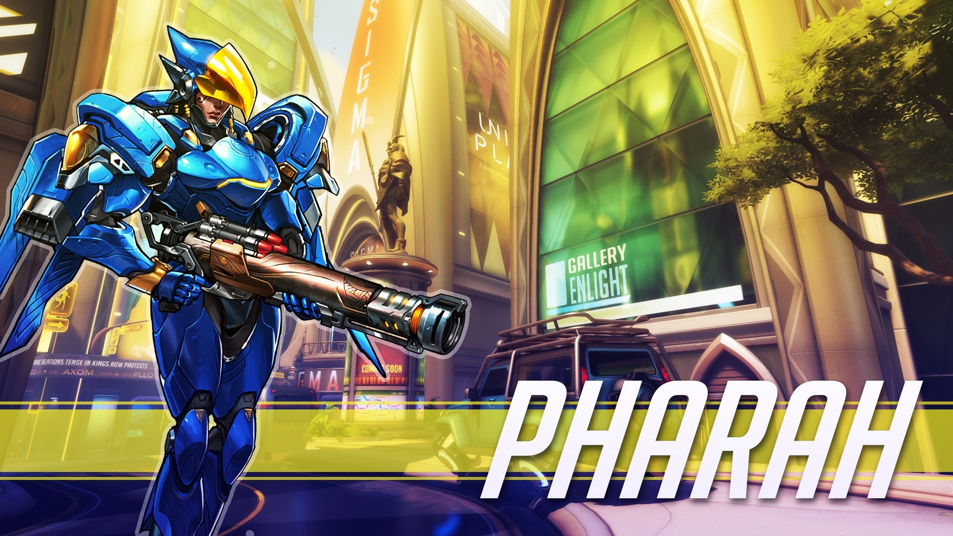 Pharah from Overwatch in a futuristic city HD Wallpaper