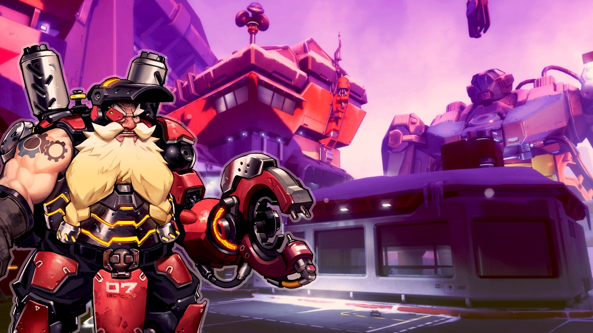 Torbjörn from Overwatch in a futuristic industrial setting HD Wallpaper