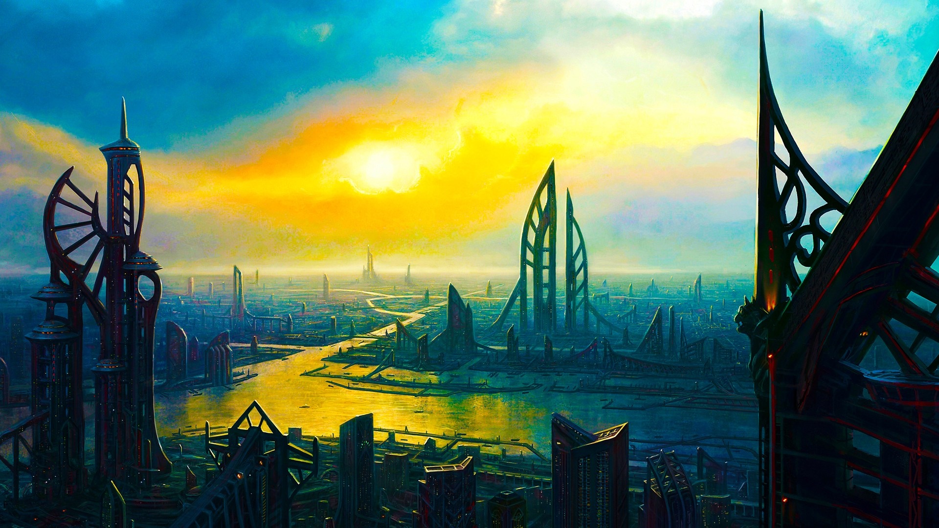 Futuristic cityscape at sunset with unique architecture HD Wallpaper