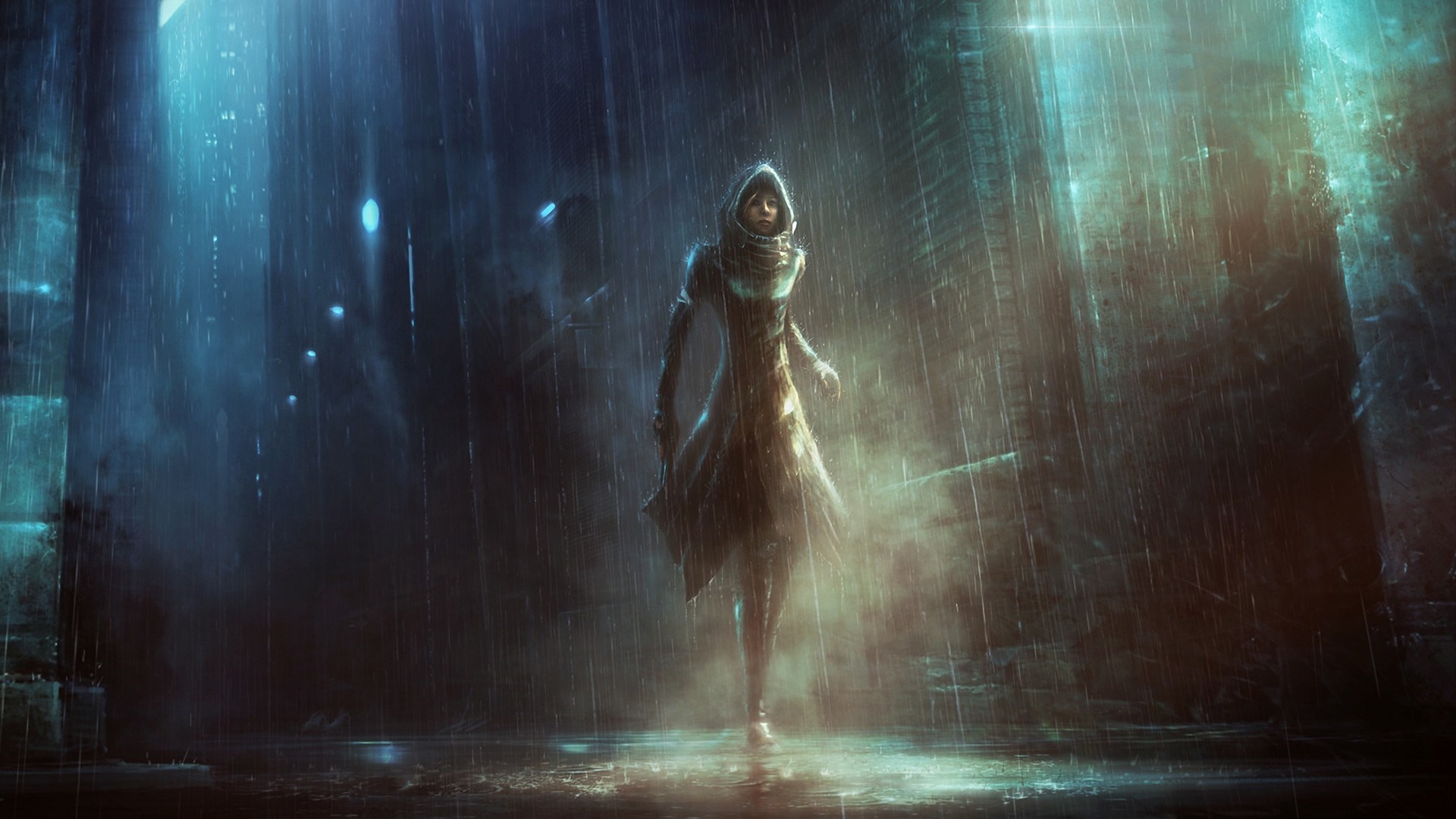 A hooded figure walks in the rain HD Wallpaper