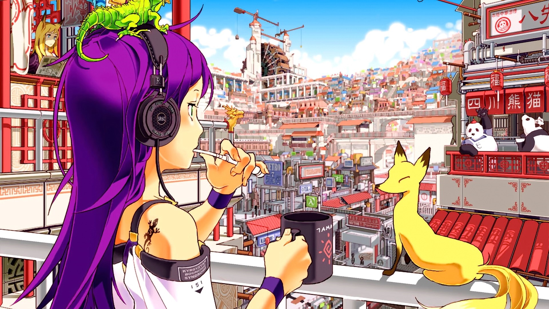 Anime girl with purple hair and headphones in a city HD Wallpaper