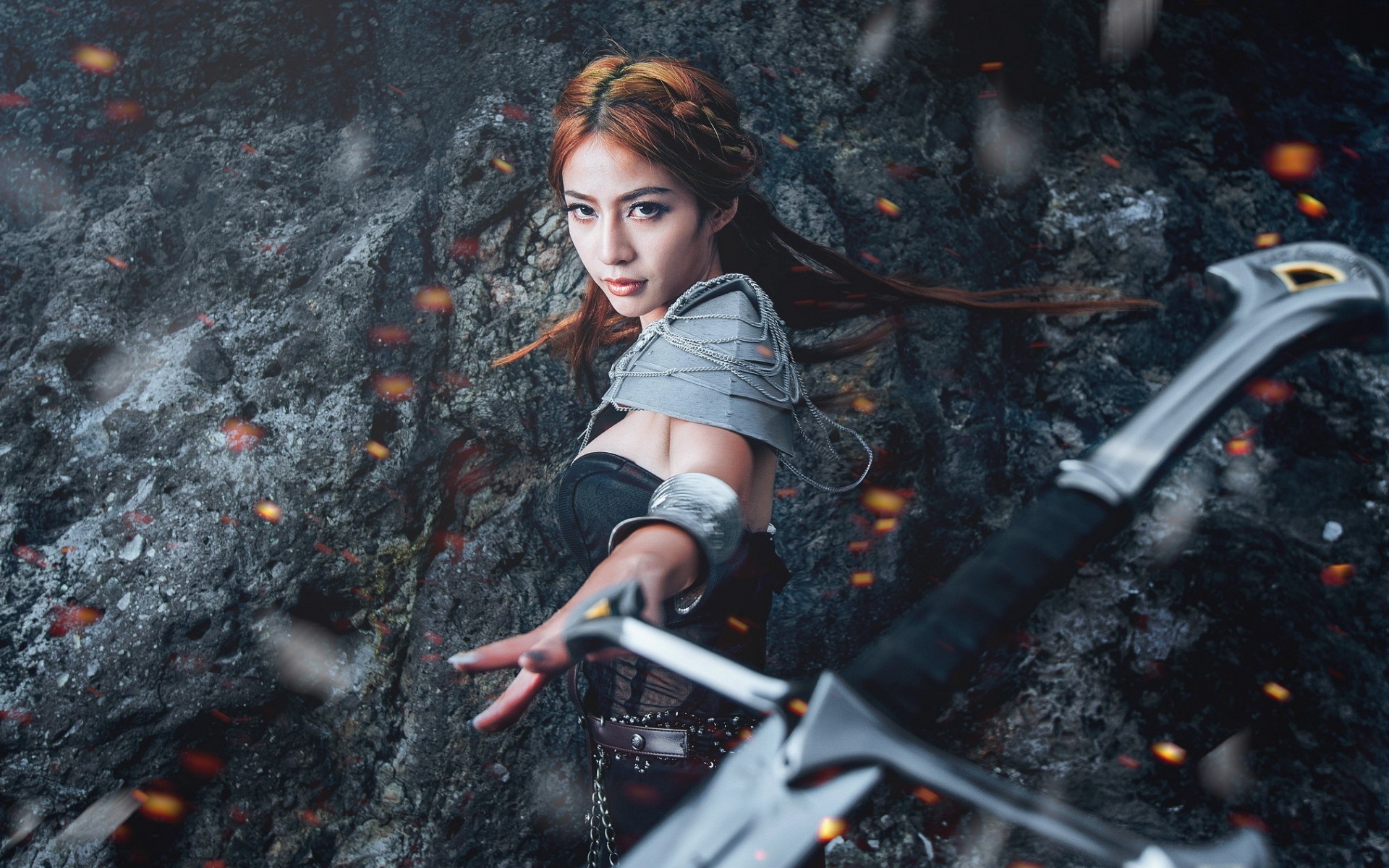 Asian woman in cosplay with sword HD Wallpaper