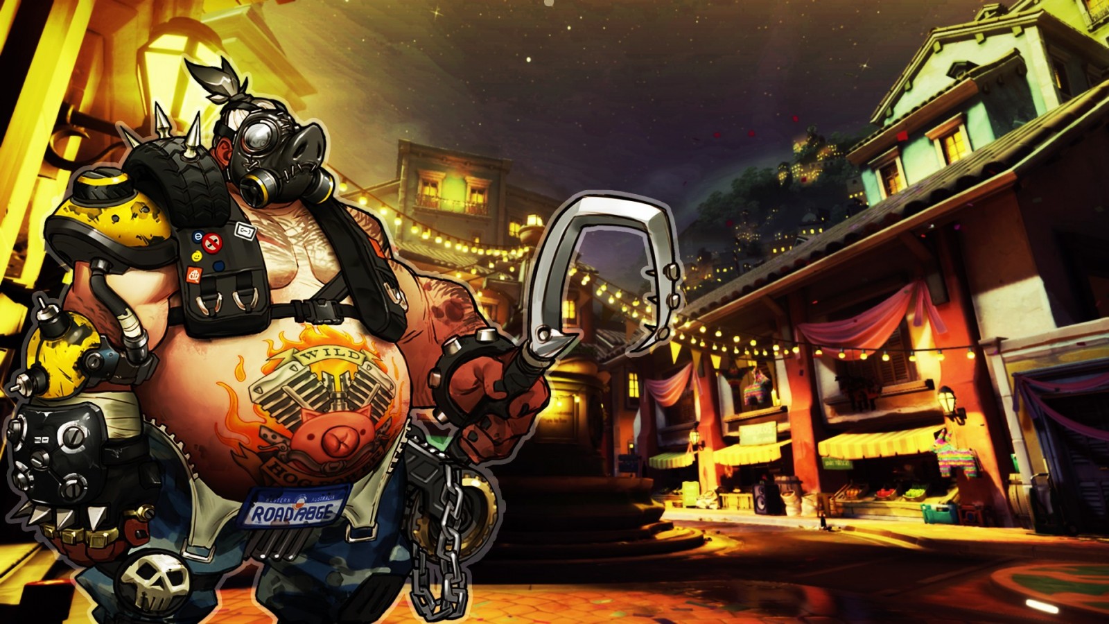 Roadhog from Overwatch in a street at night HD Wallpaper