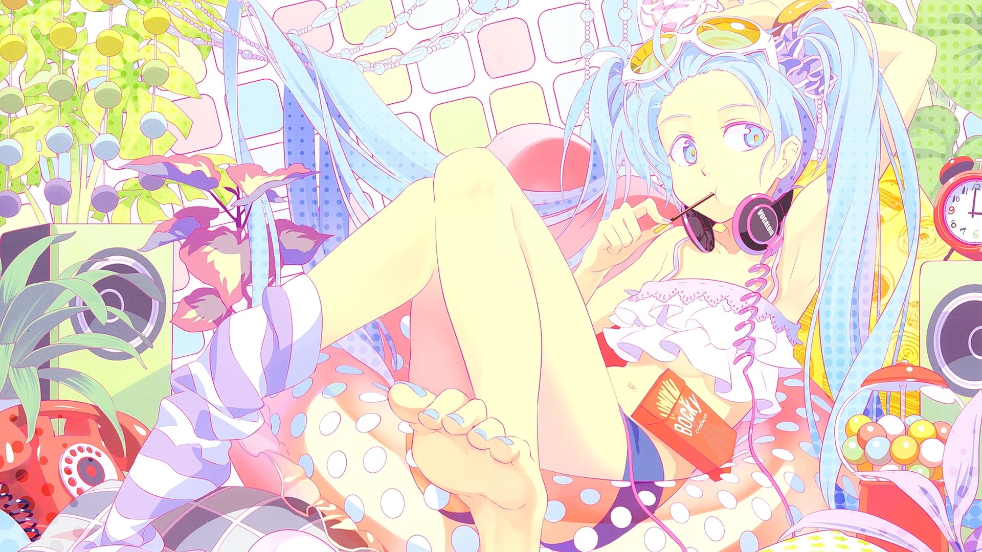 Hatsune Miku from Vocaloid with headphones and lollipop HD Wallpaper