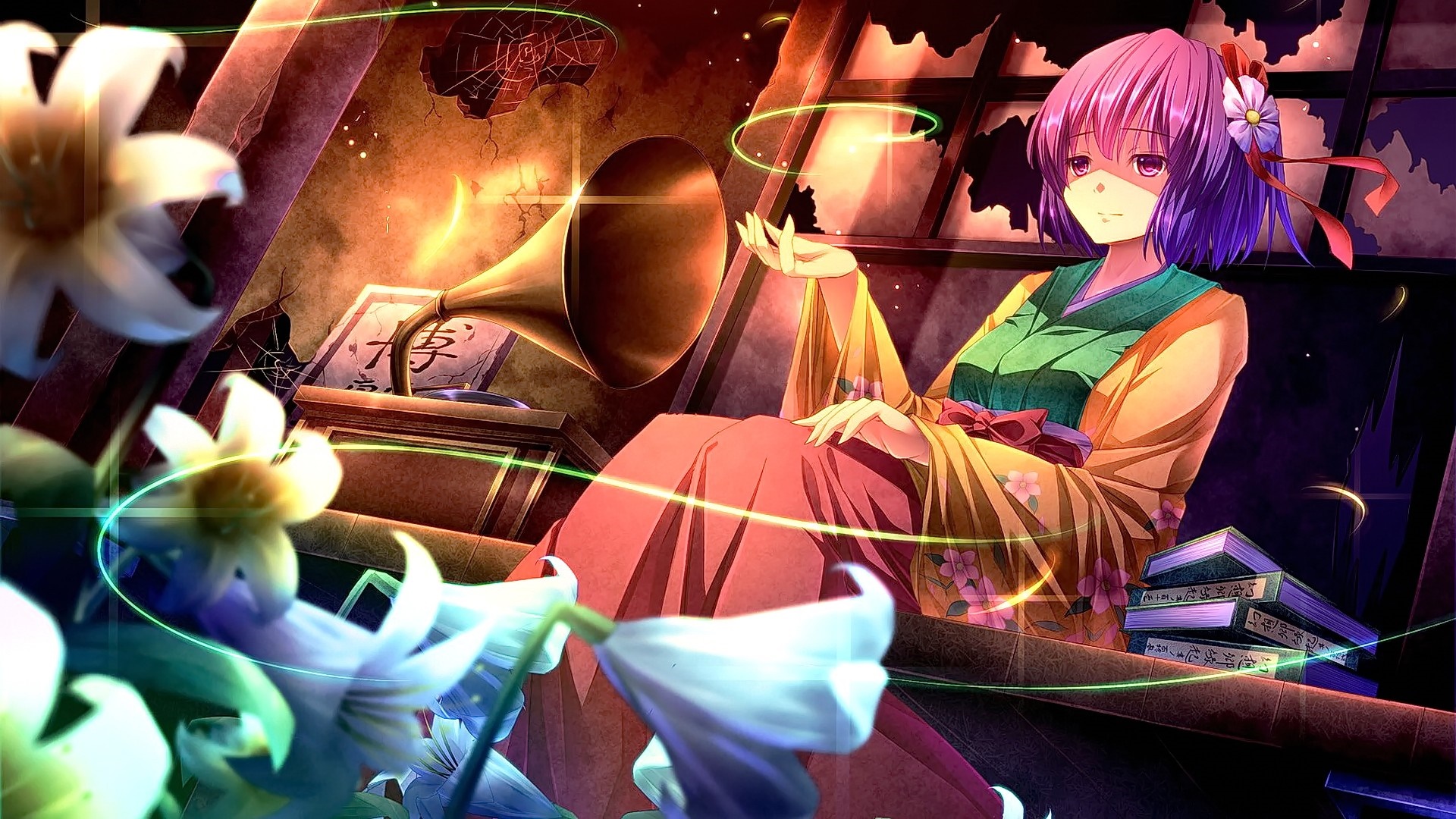 Hieda no Akyuu from Touhou with flowers and gramophone HD Wallpaper