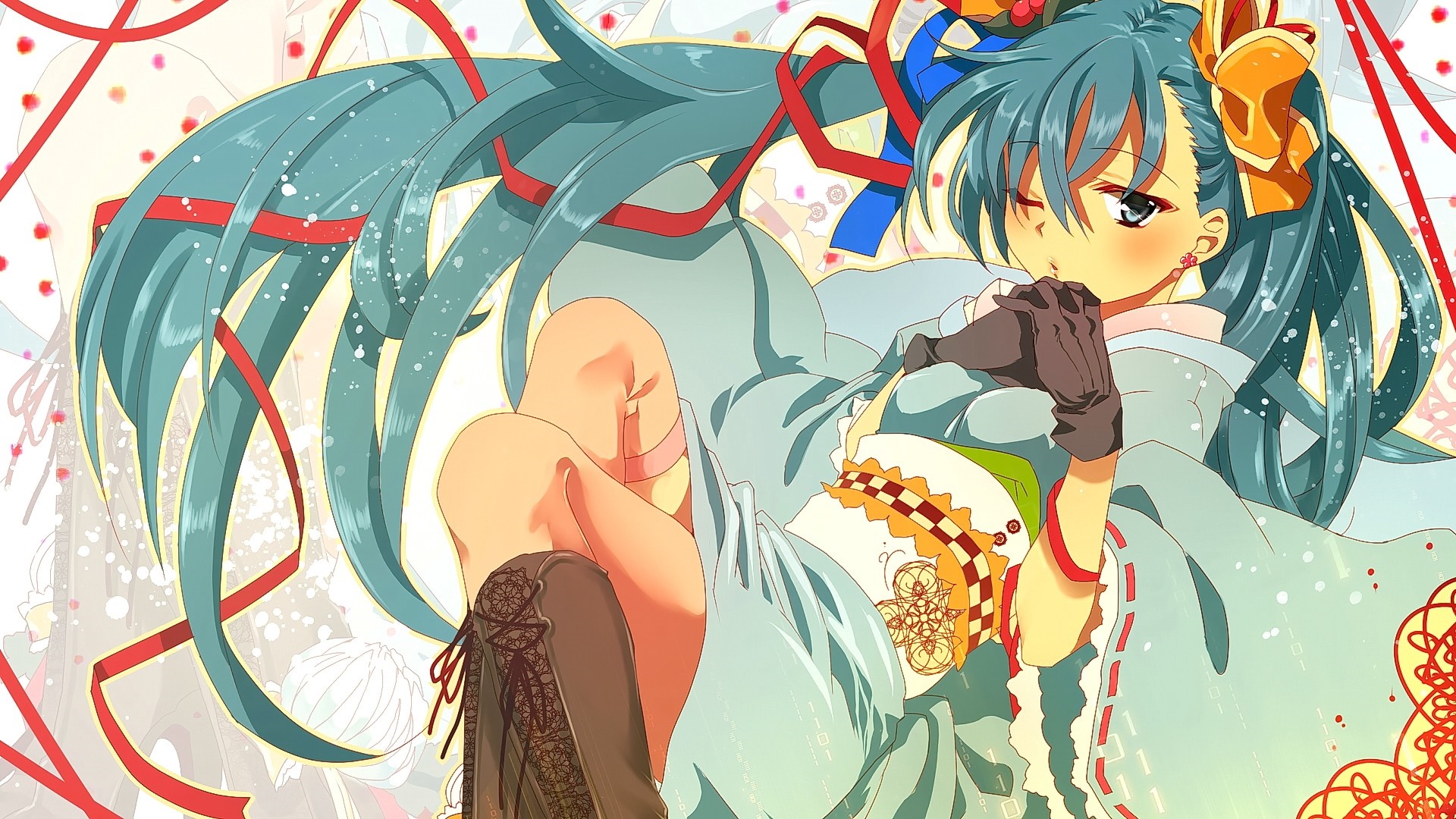 Anime girl with aqua hair in kimono HD Wallpaper