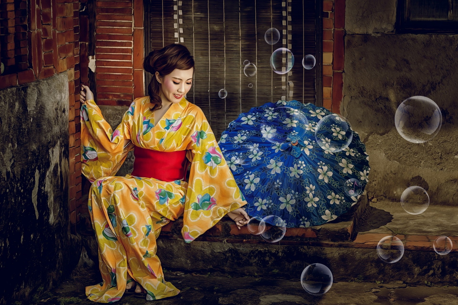 Woman in Yellow Kimono with Blue Umbrella and Bubbles HD Wallpaper