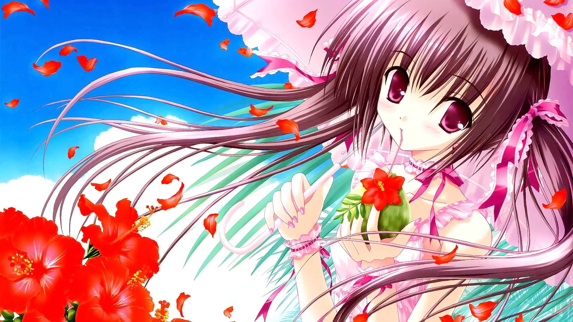 Anime girl with umbrella and flowers HD Wallpaper