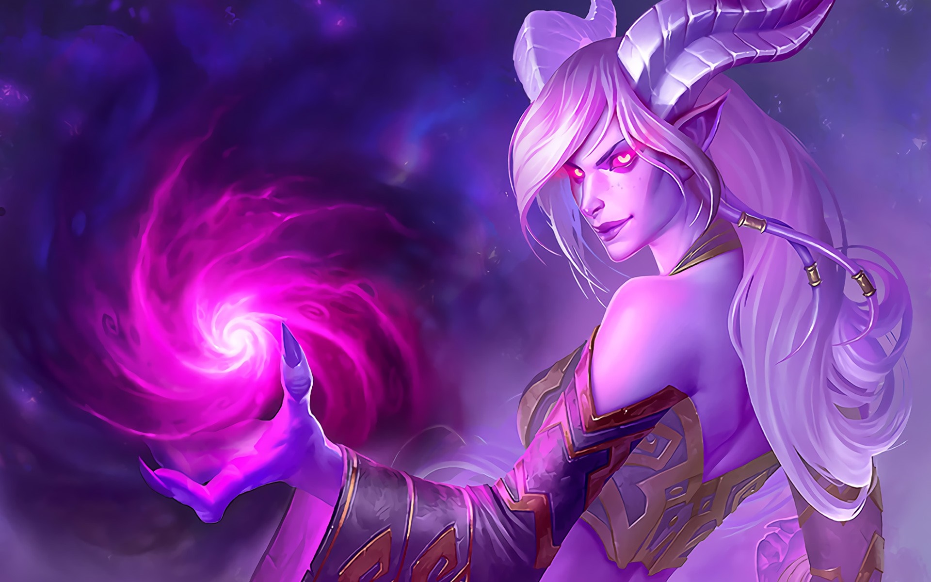 Demoness from Hearthstone casting a purple spell HD Wallpaper