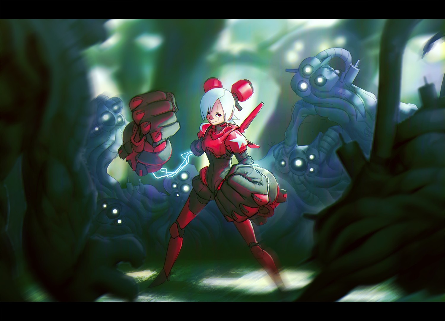 Anime artwork of a girl in a red suit fighting monsters HD Wallpaper