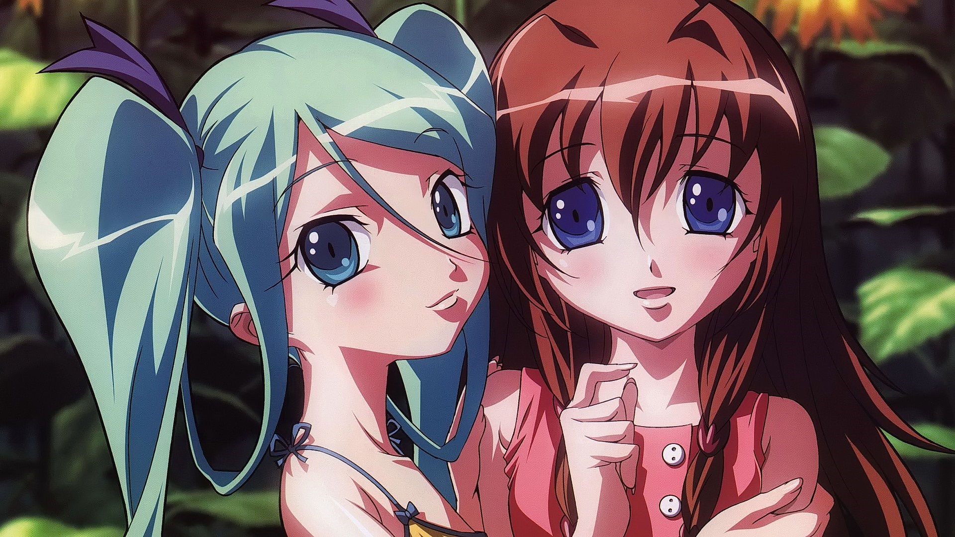 Two anime girls with colorful hair and blue eyes HD Wallpaper