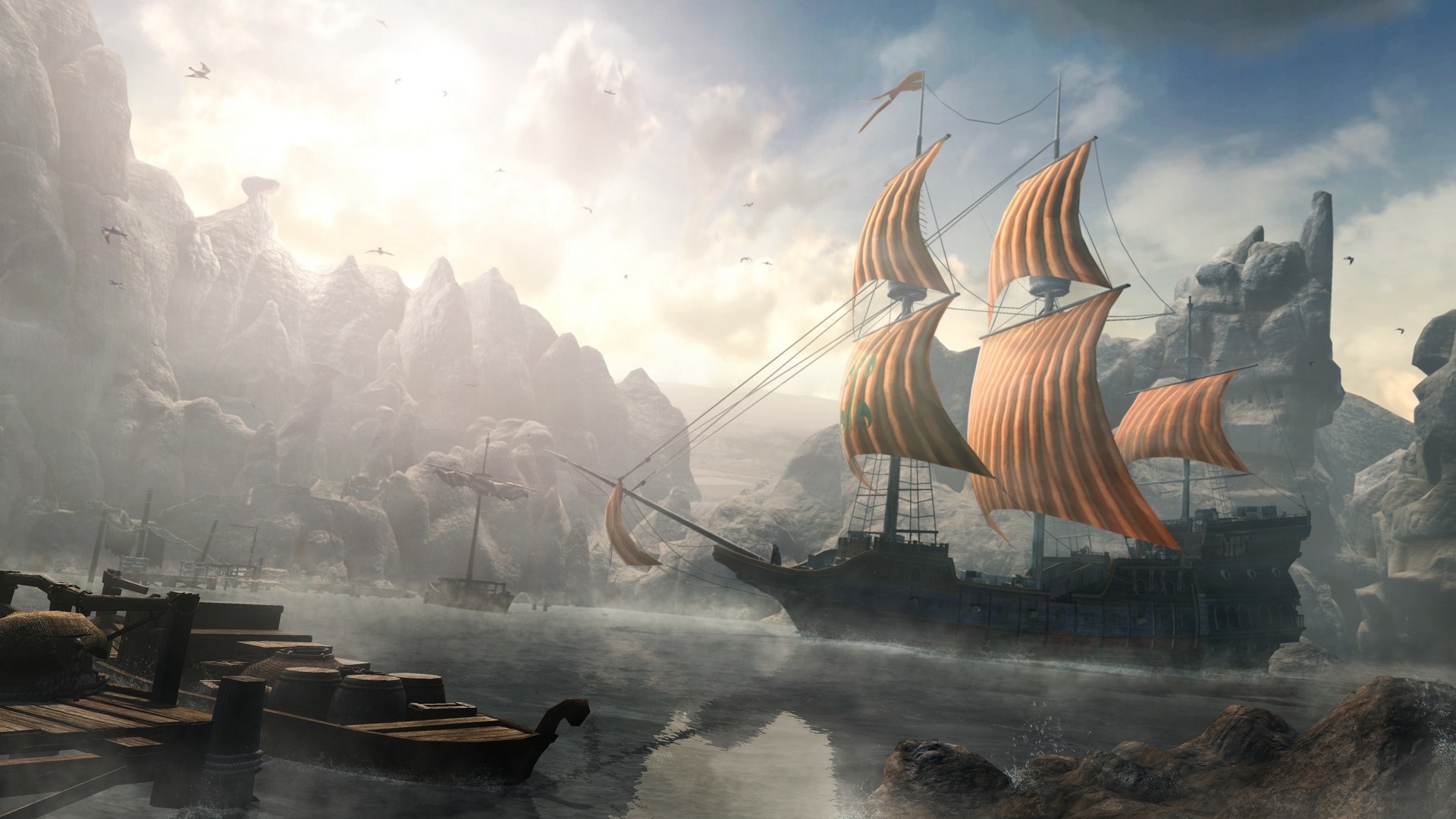 Sailing ships in a misty harbor with rocky cliffs HD Wallpaper
