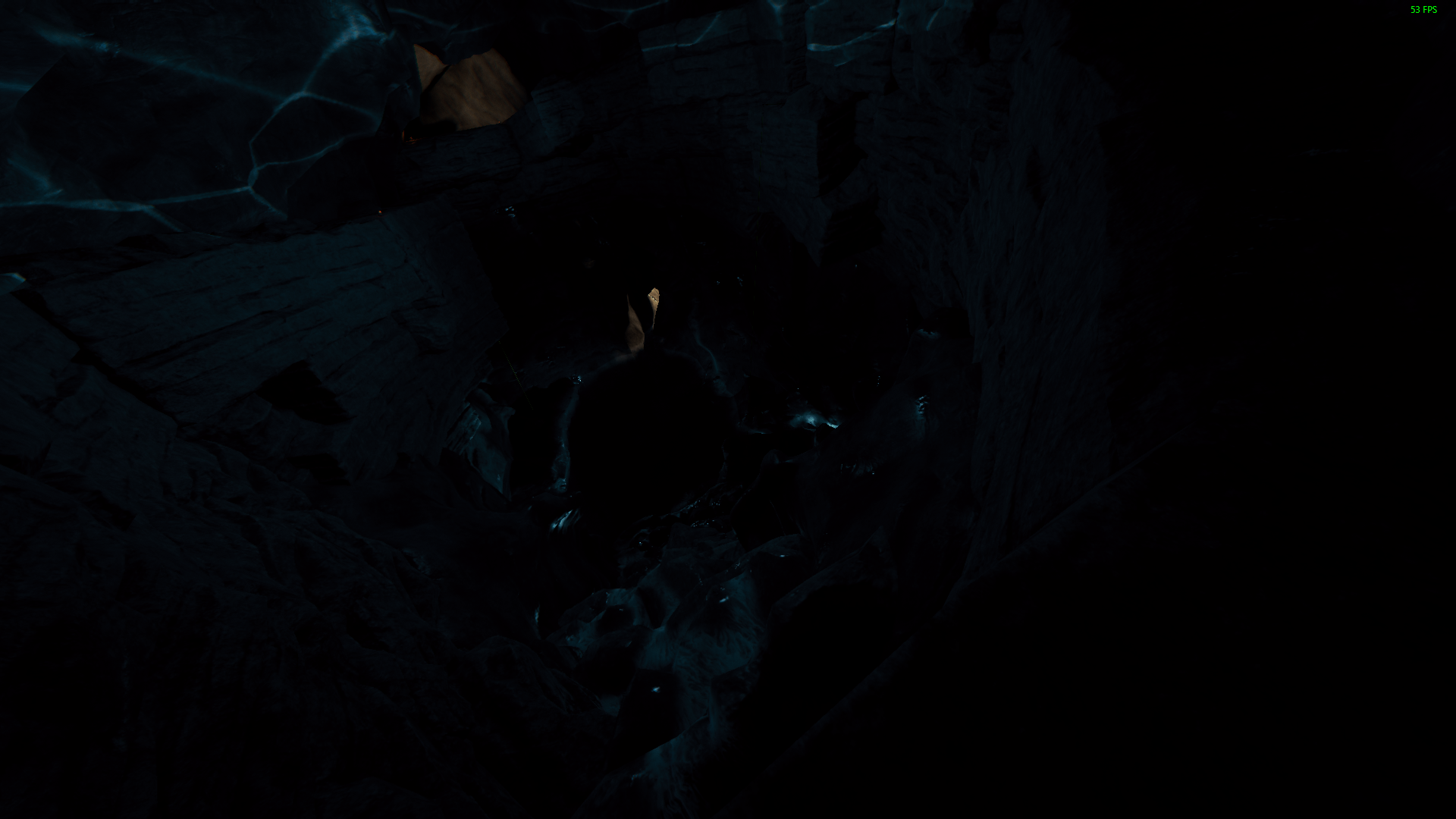 Screenshot from a dark cave with glowing water HD Wallpaper