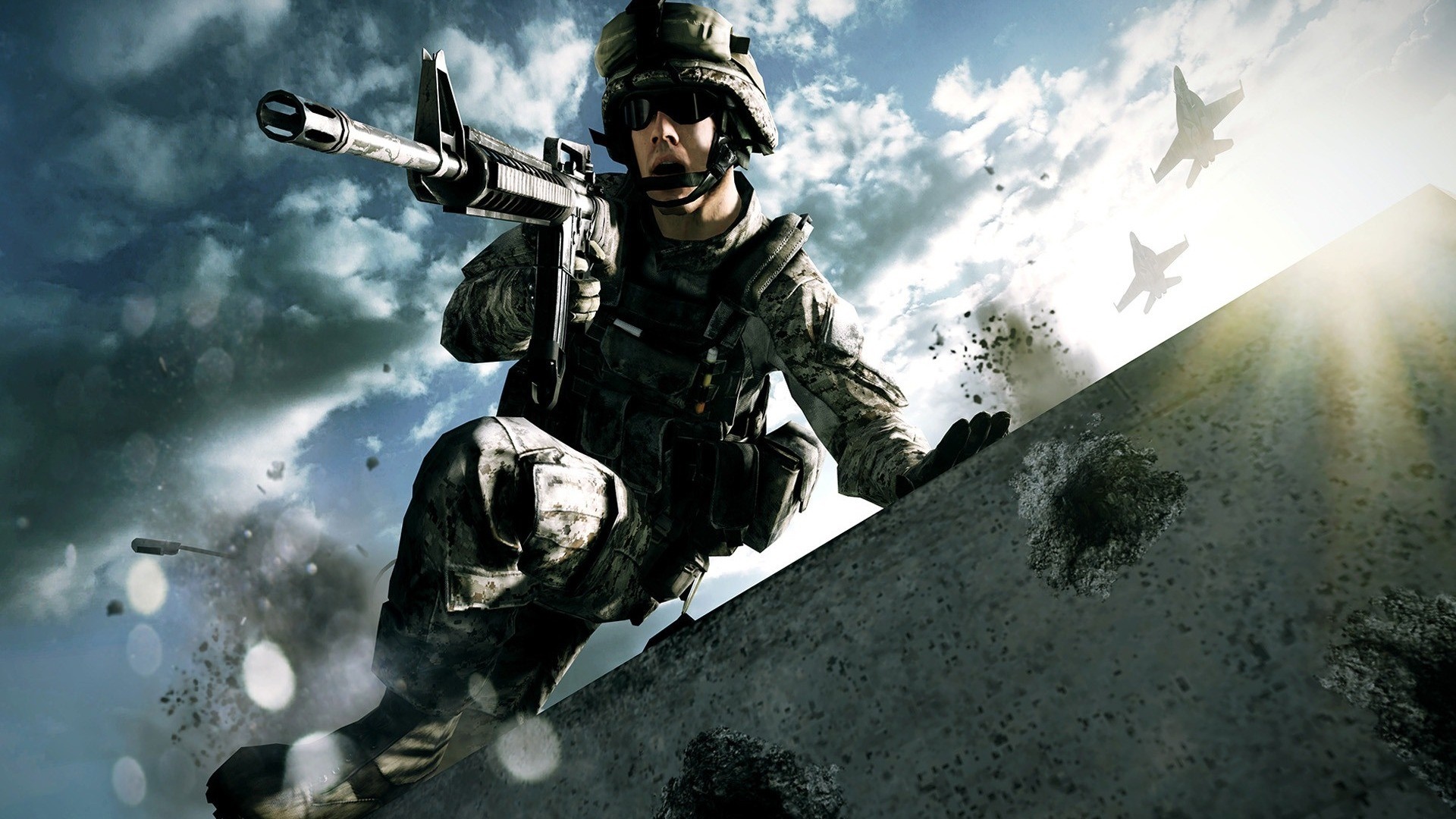 Soldier from Battlefield aiming a rifle with jets overhead HD Wallpaper