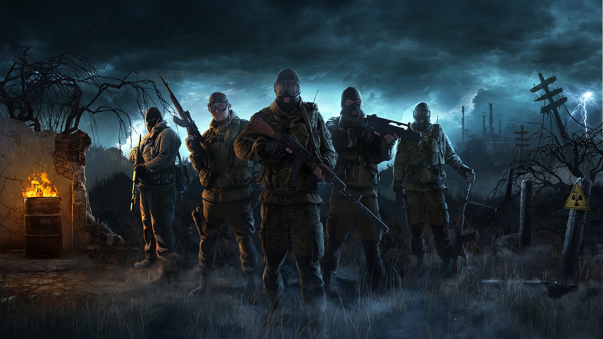 S.T.A.L.K.E.R. group of soldiers in a dark, stormy environment HD Wallpaper